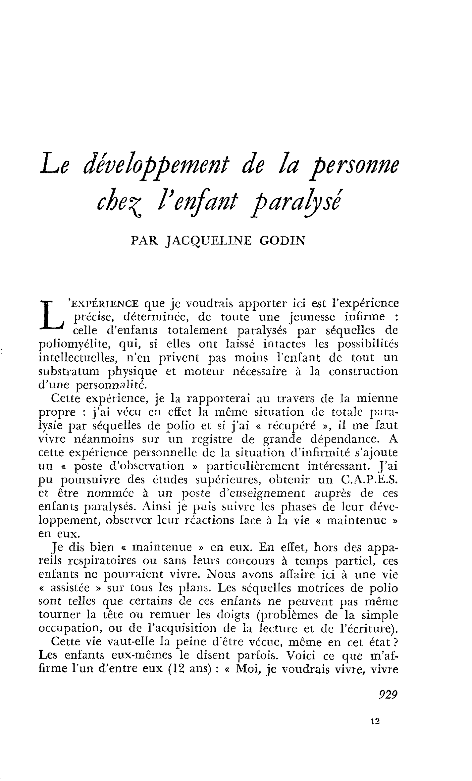 Le développement de la personne chez l’enfant paralysé