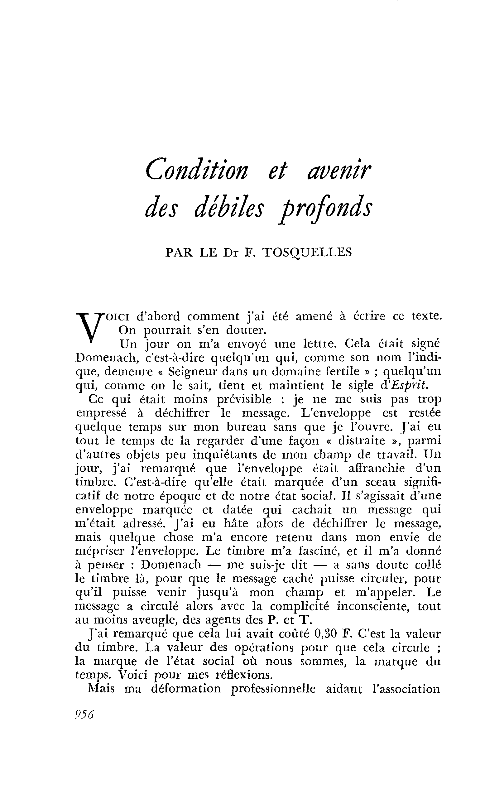 Condition et avenir des débiles profonds