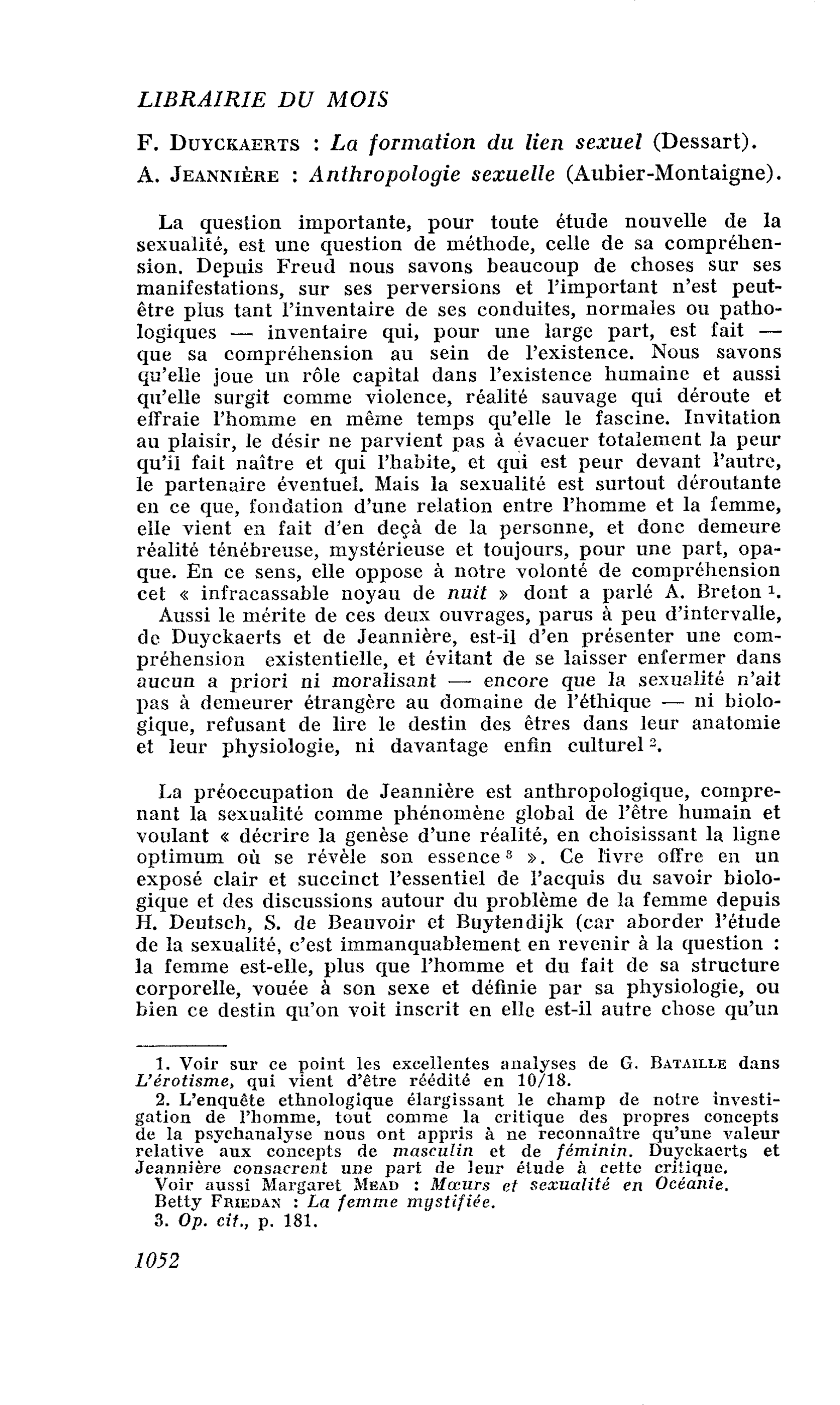 F. Duyckaerts : La formation du lien sexuel. A. Jeannière : Anthropologie sexuelle
