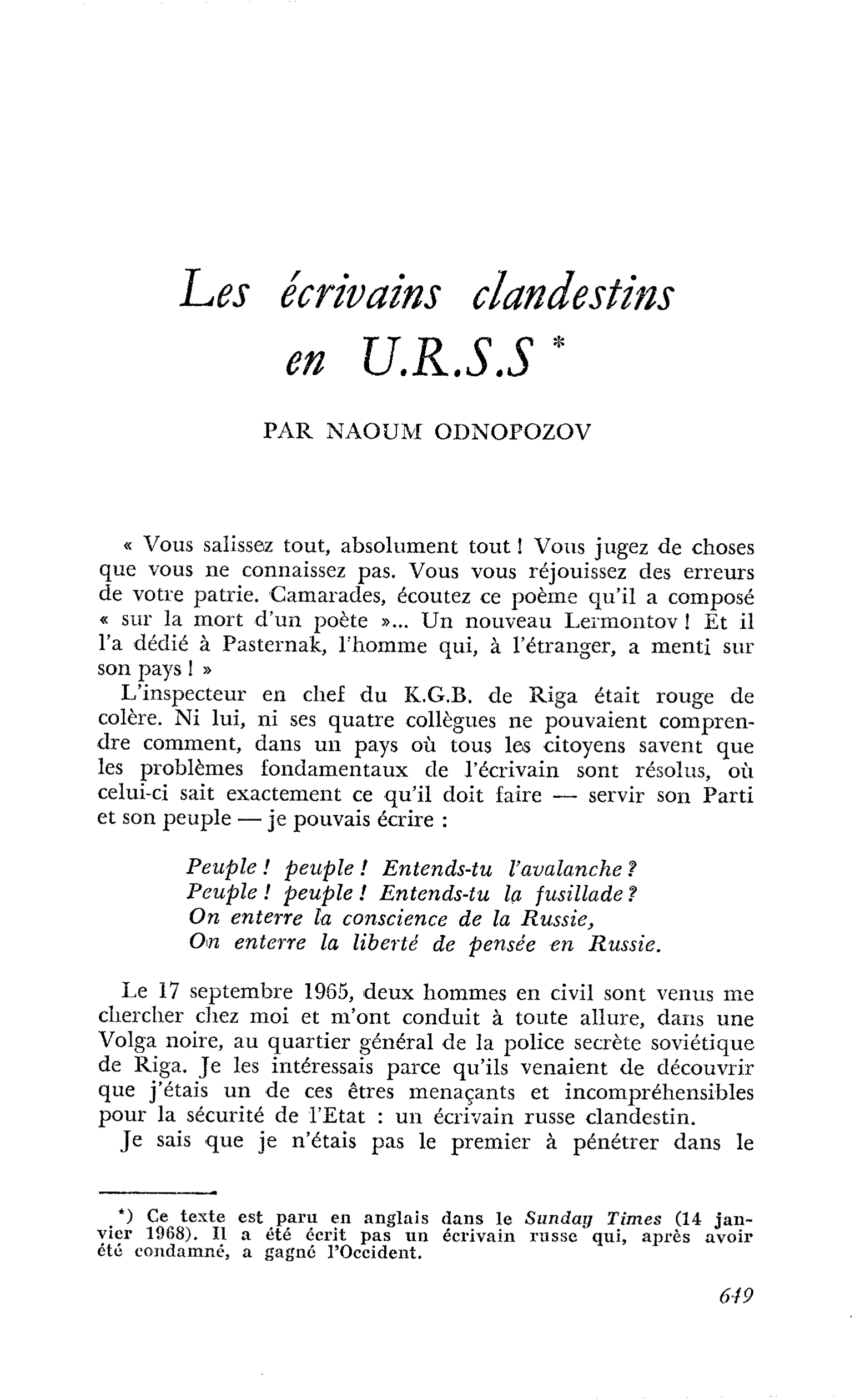 Les écrivains clandestins en U.R.S.S.