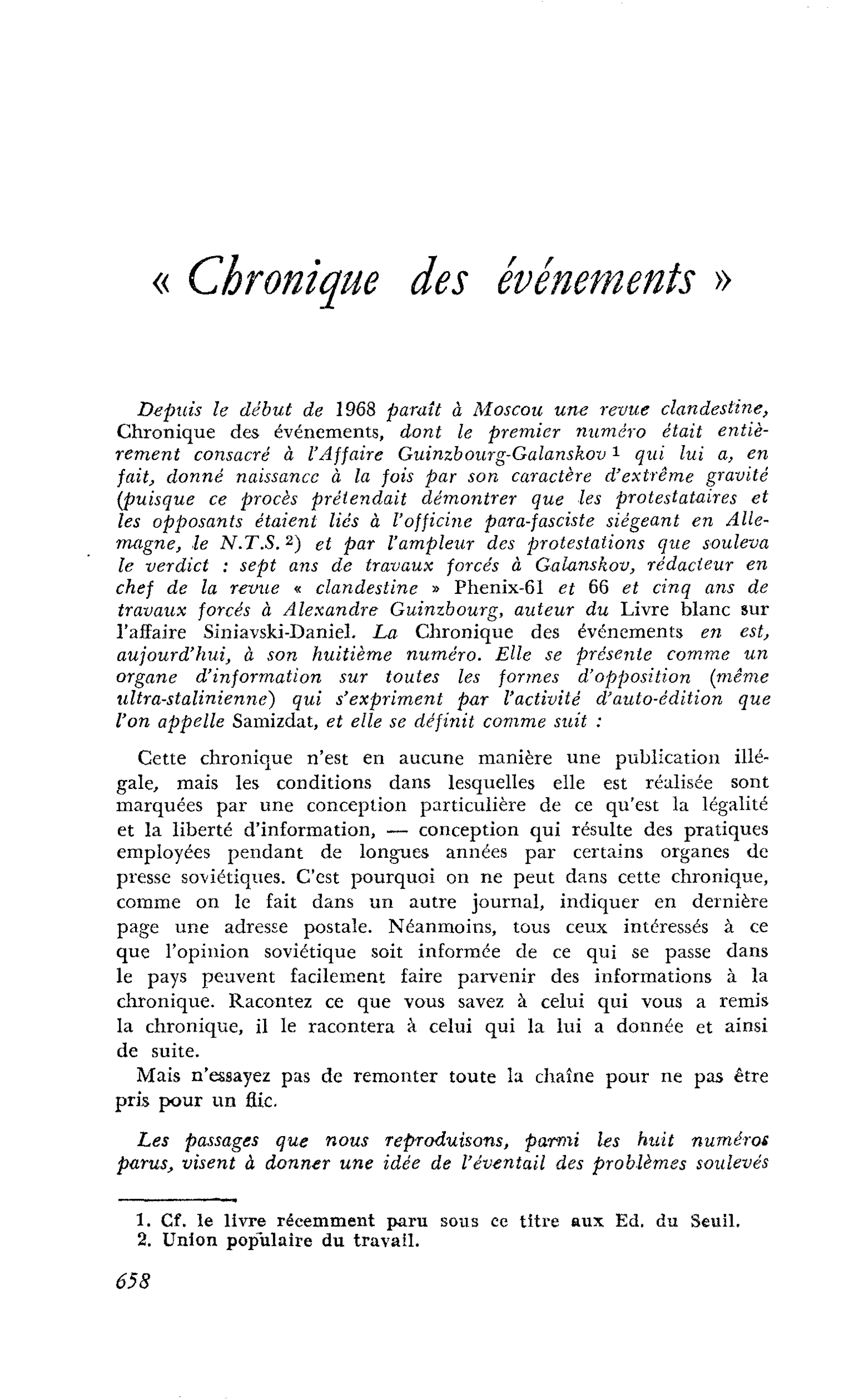 « Chronique des événements »