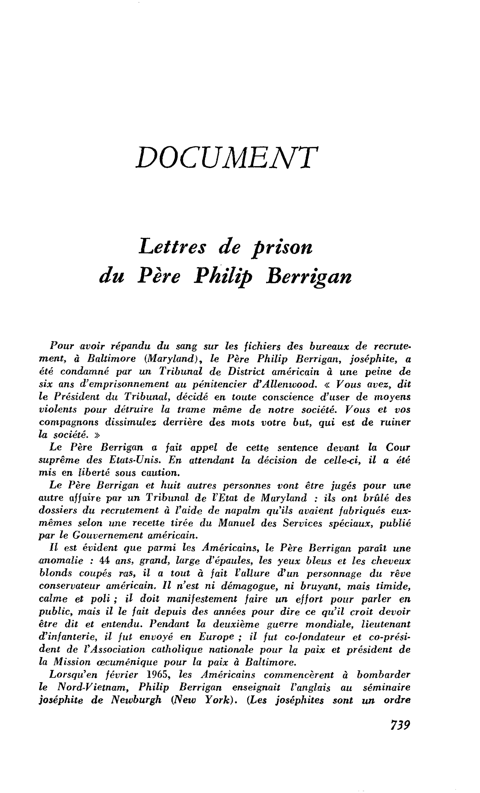 Lettres de prison du Père Philip Berrigan