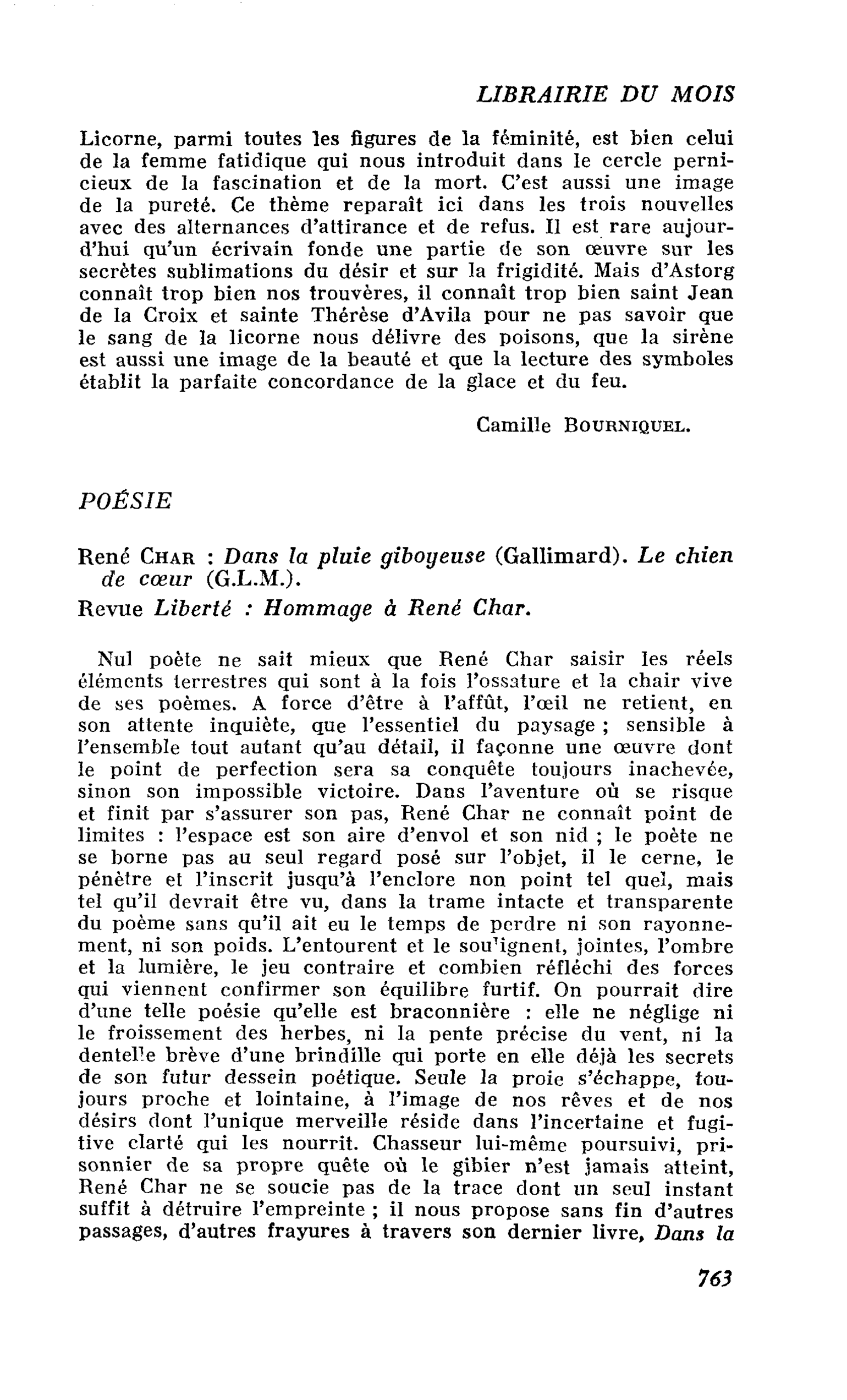 René Char : Dans la pluie giboyeuse. Le chien de coeur. Revue Liberté : Hommage à René Char