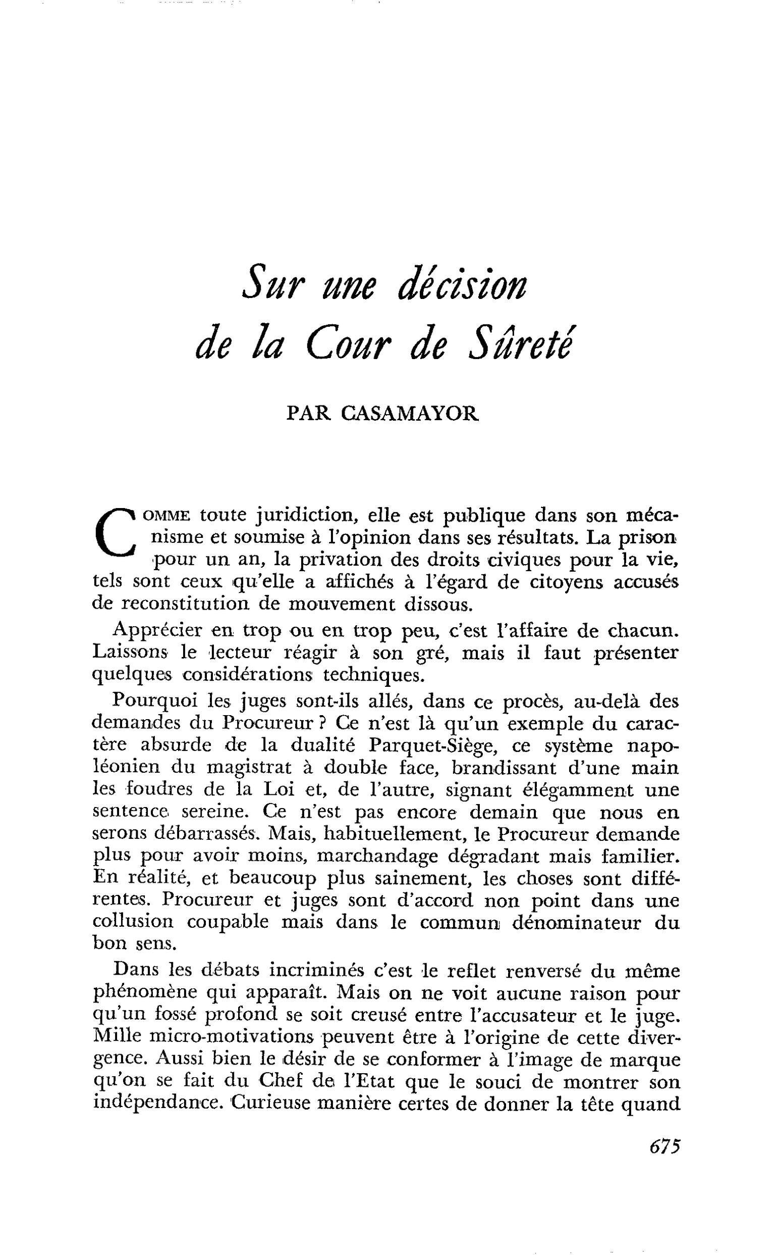 Sur une décision de la Cour de Sûreté