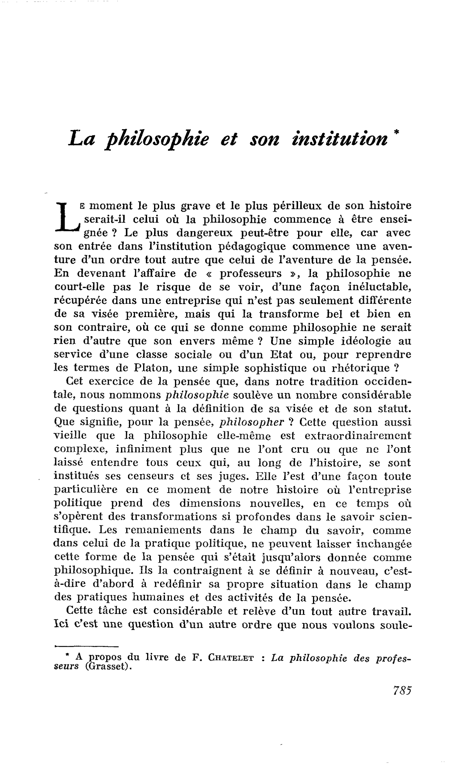 La philosophie et son institution