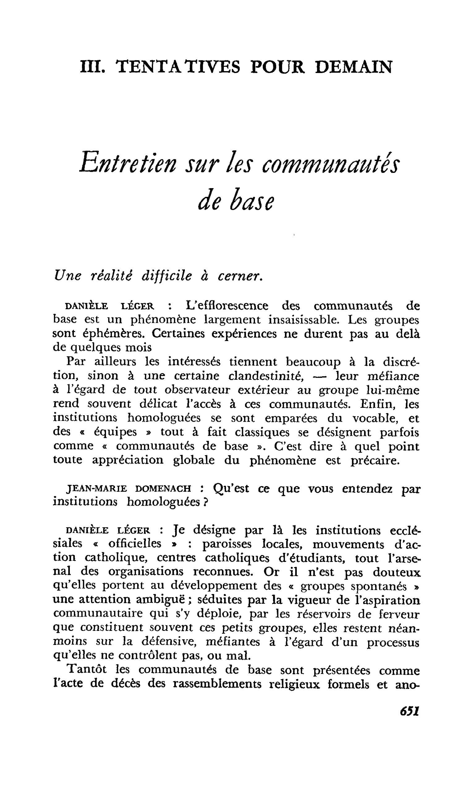 Entretien sur les communautés de base