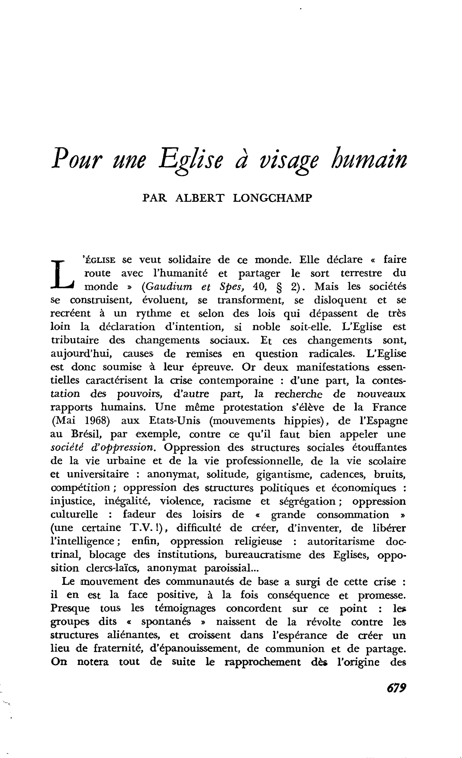 Pour une Eglise à visage humain