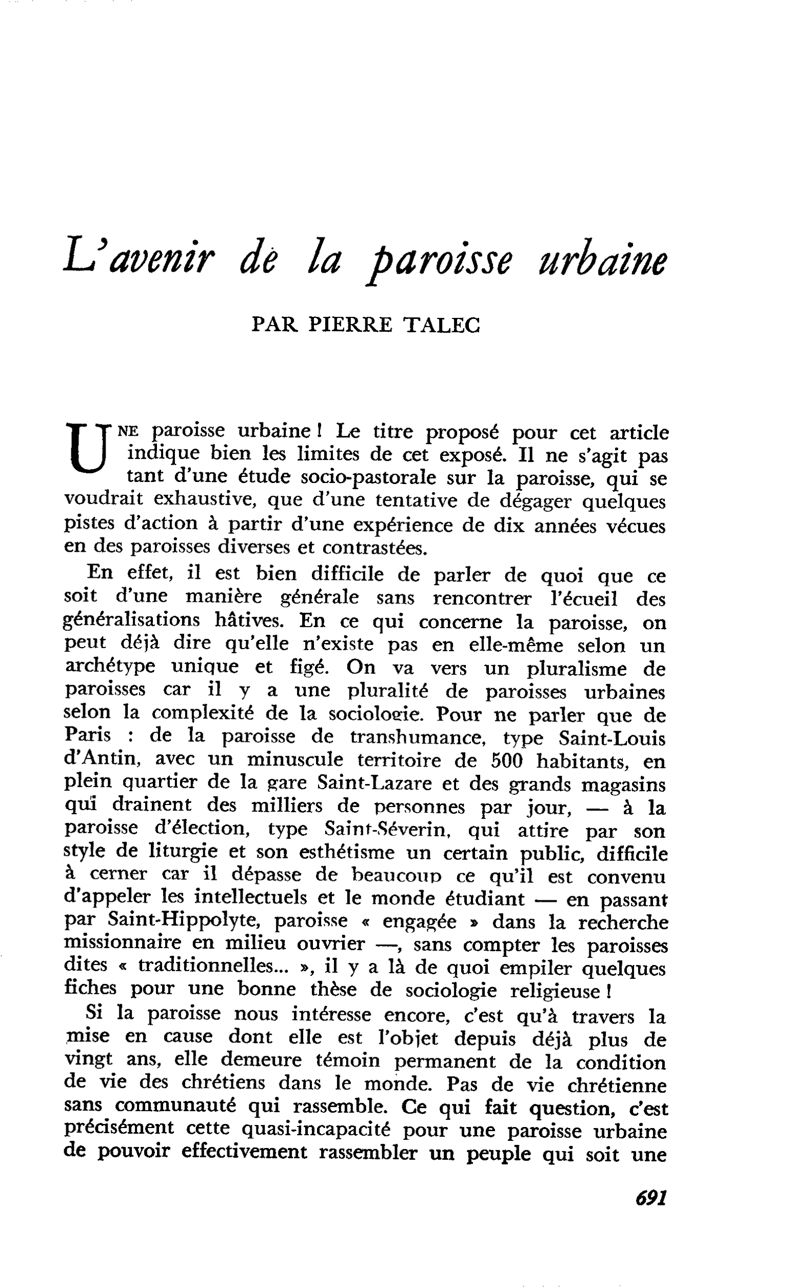 L’avenir dé la paroisse urbaine