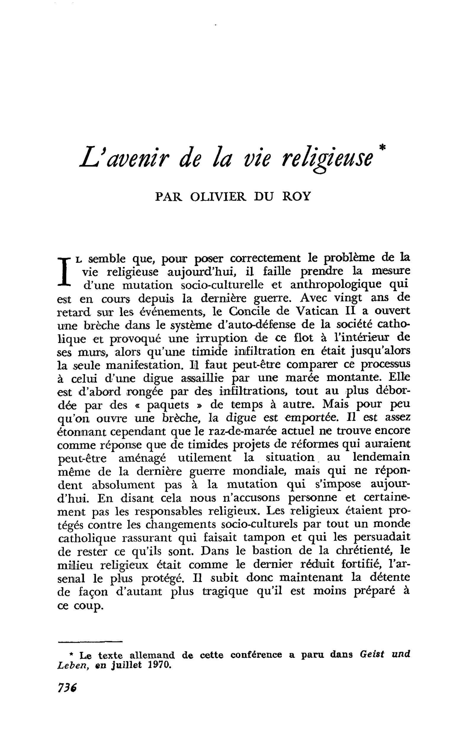 L’avenir de la vie religieuse