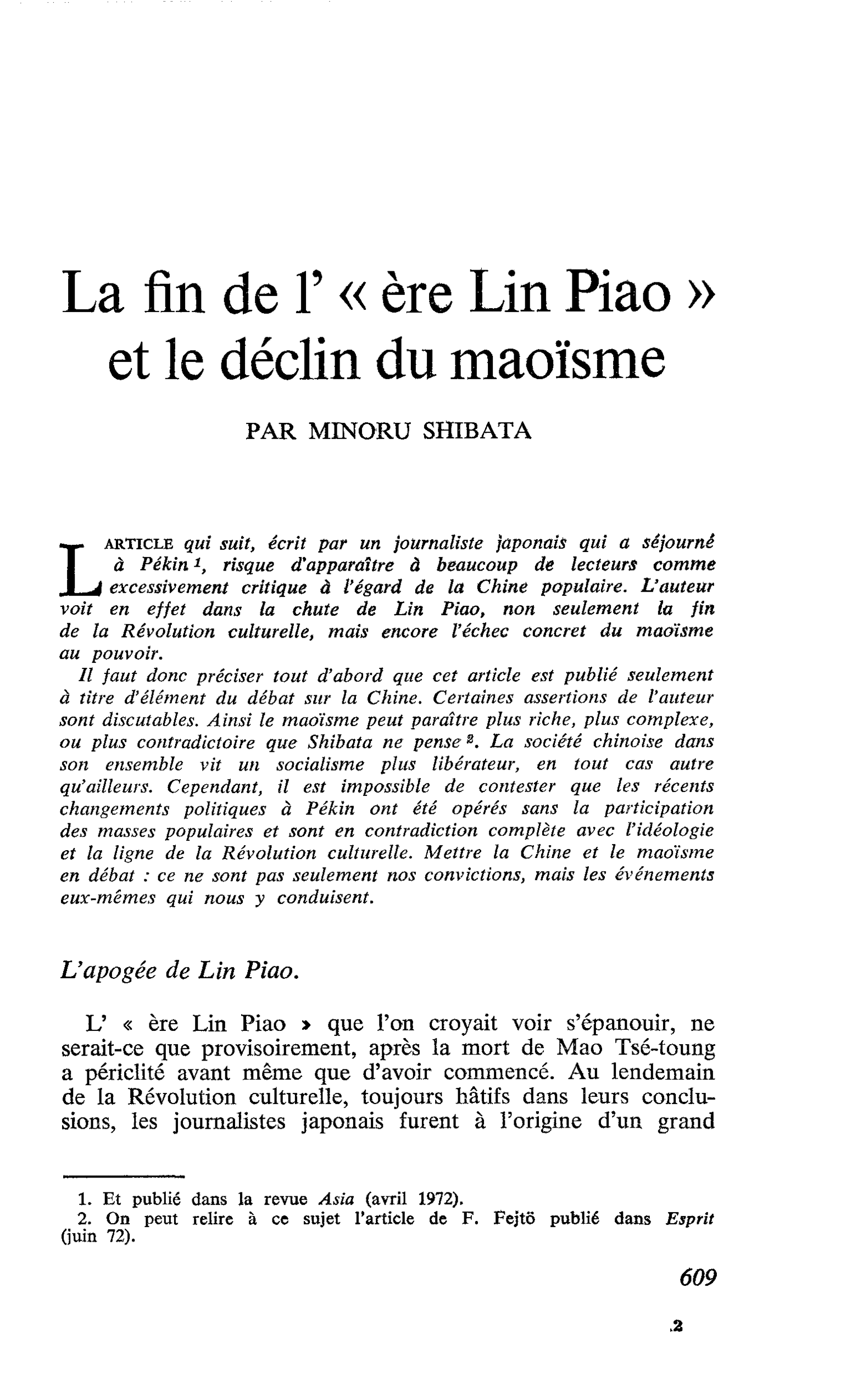 La fin de l’ « ère Lin Piao » et le déclin du maoïsme