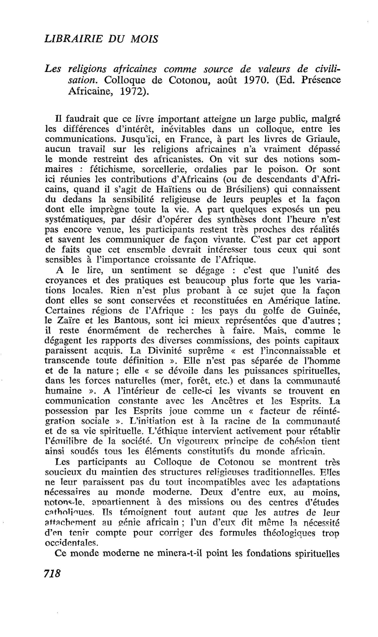 Les religions africaines comme source de valeurs de civilisation