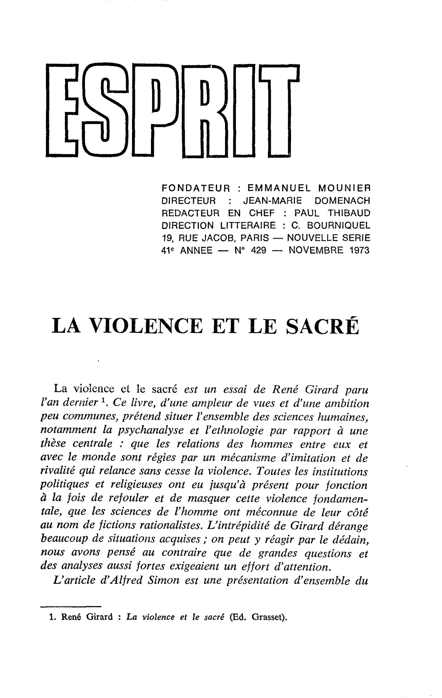 LA VIOLENCE ET LE SACRÉ