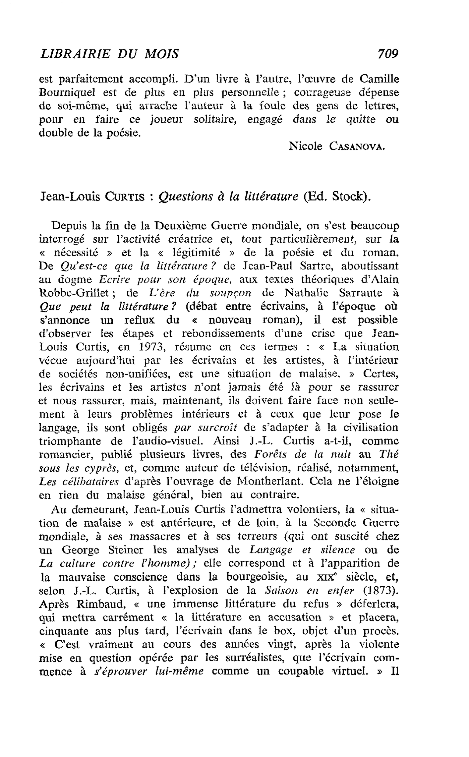 Jean-Louis Curtis : Questions à la littérature