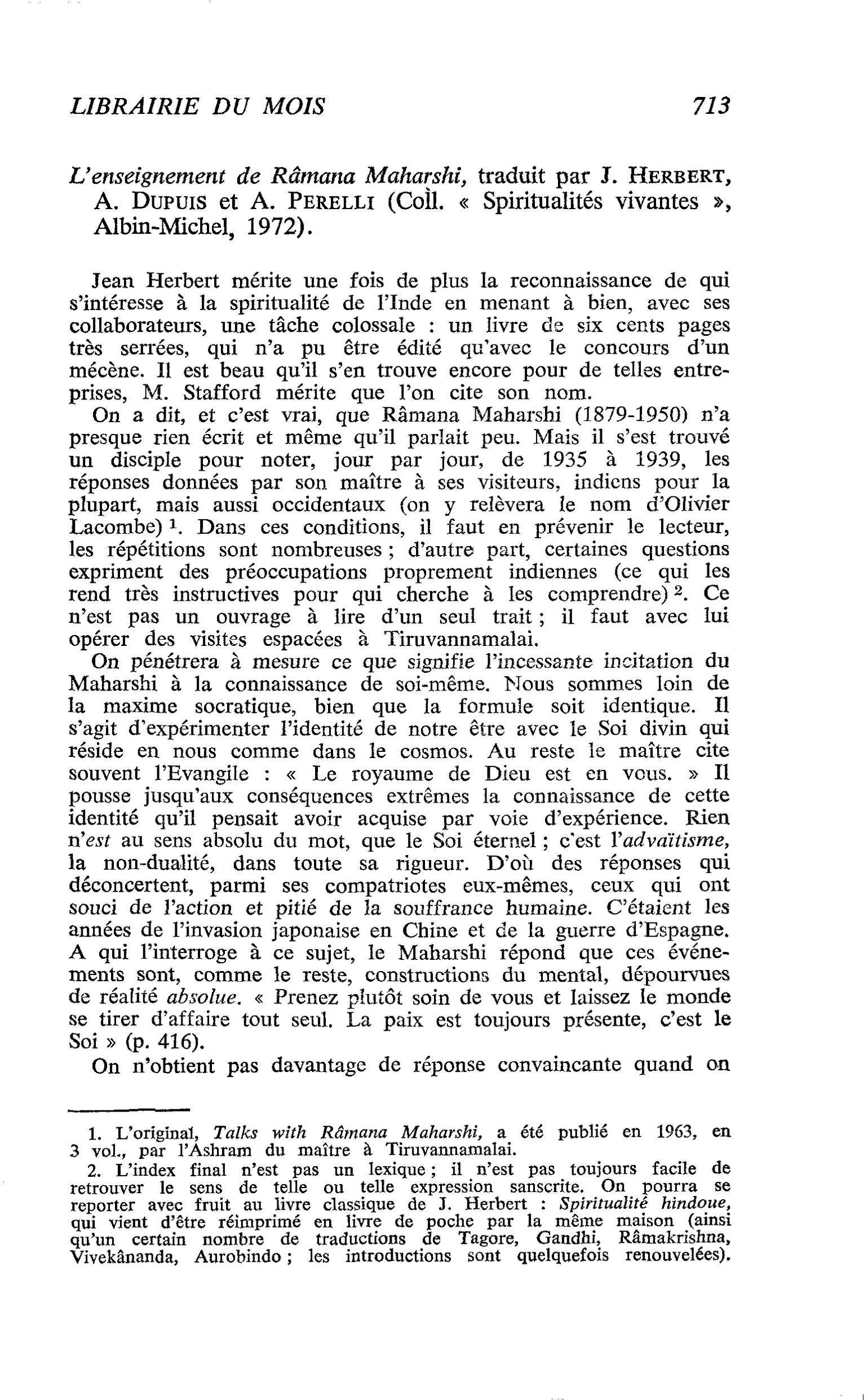 L’enseignement de Râmana Maharshi, traduit par J. Herbert, A. Dupuis et A. Perelli