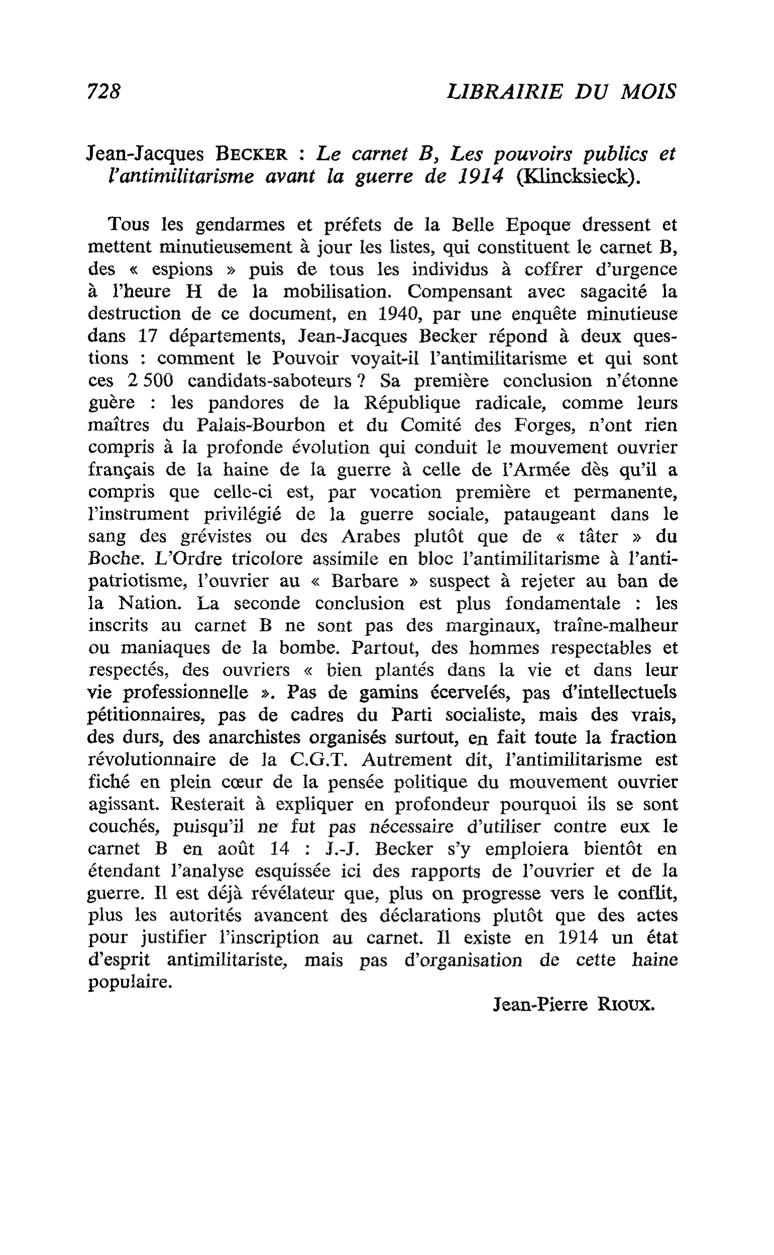 Jean-Jacques Becker : Le carnet B, Les pouvoirs publics et l’antimilitarisme avant la guerre de 1914