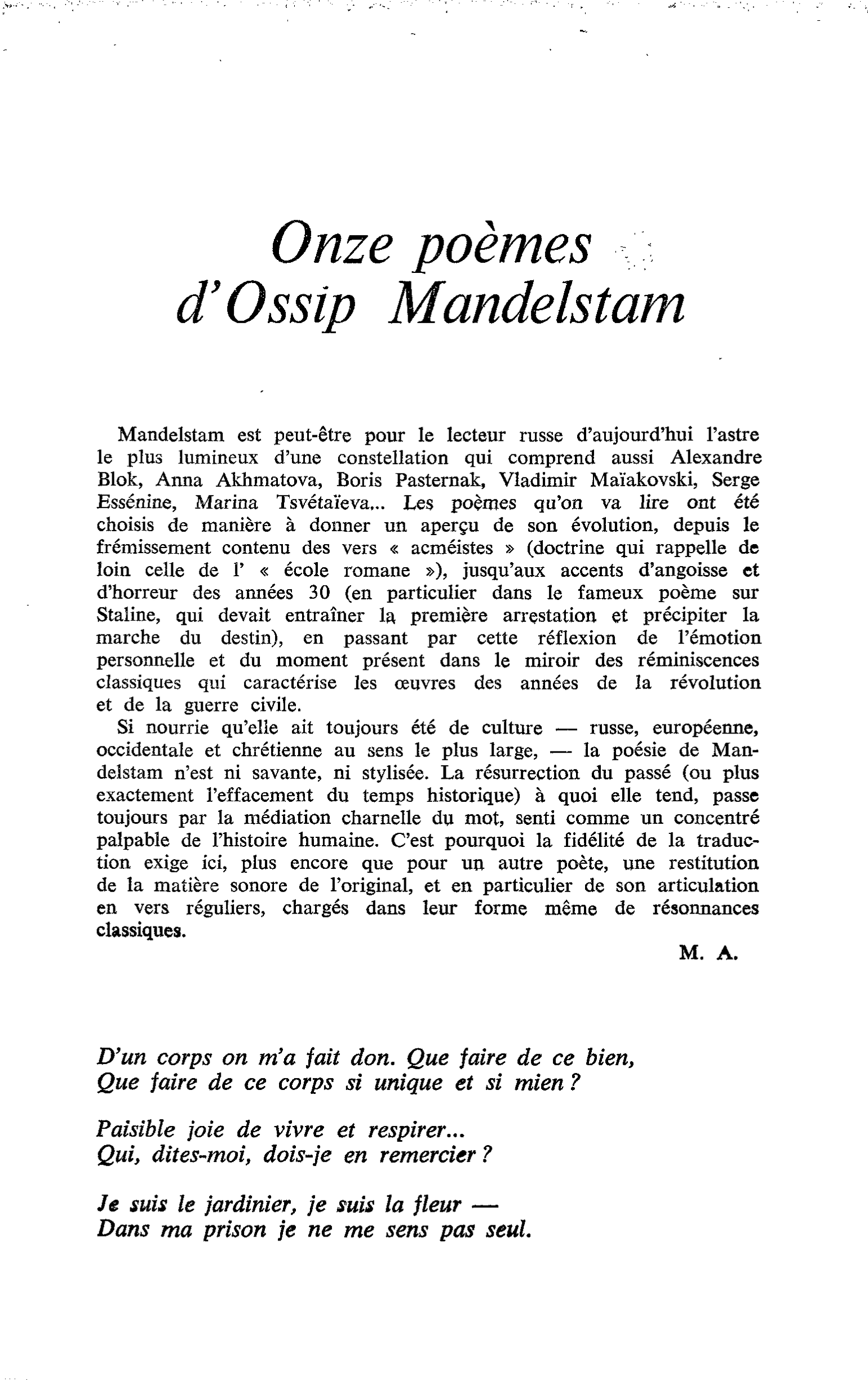 Onze poèmes d’ Ossip Mandelstam