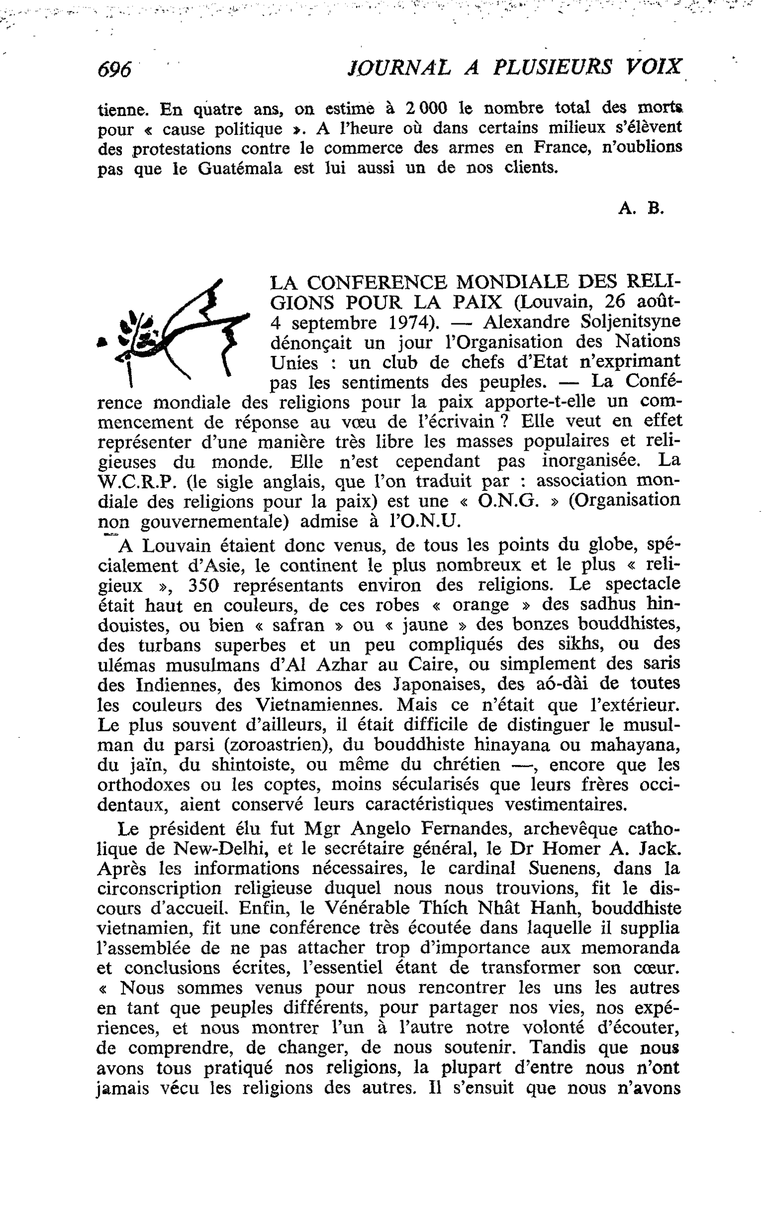 LA CONFERENCE MONDIALE DES RELIGIONS POUR LA PAIX (Louvain, 26 août- 4 septembre 1974)