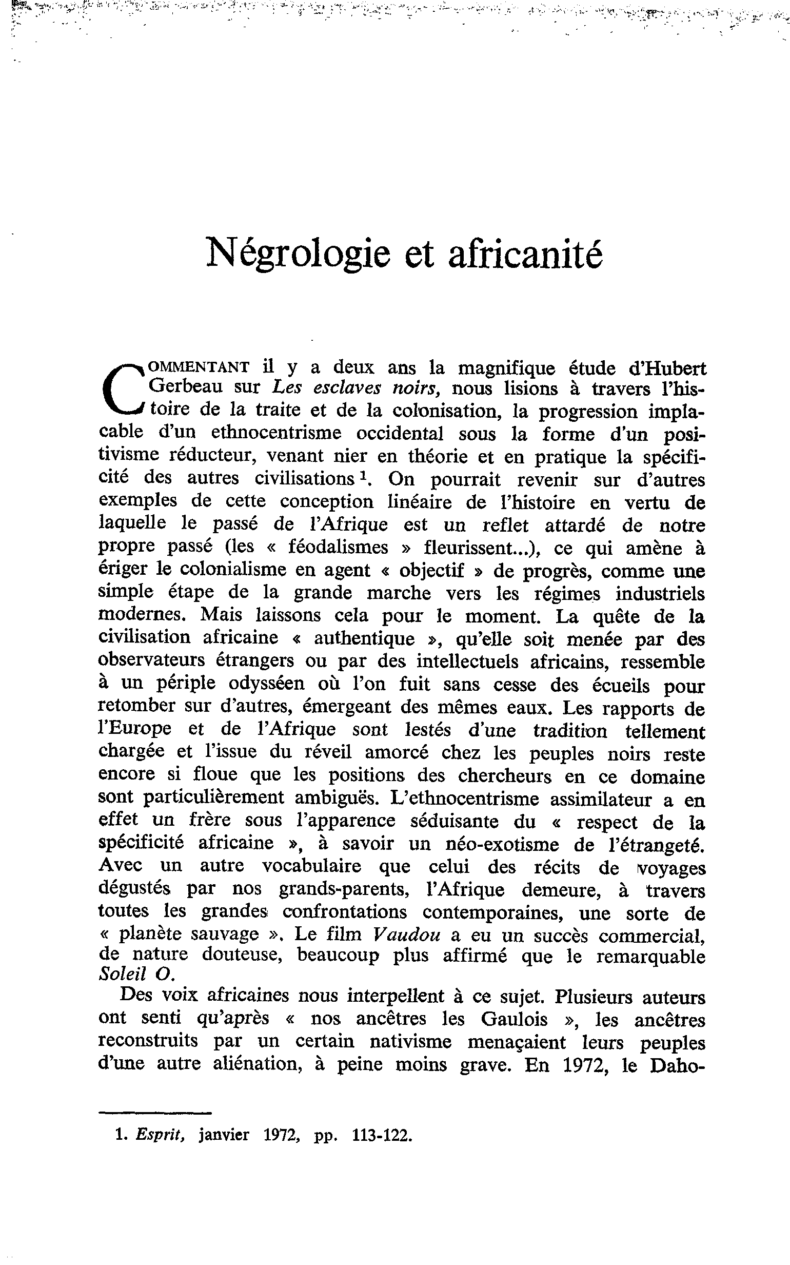 Négrologie et africanité