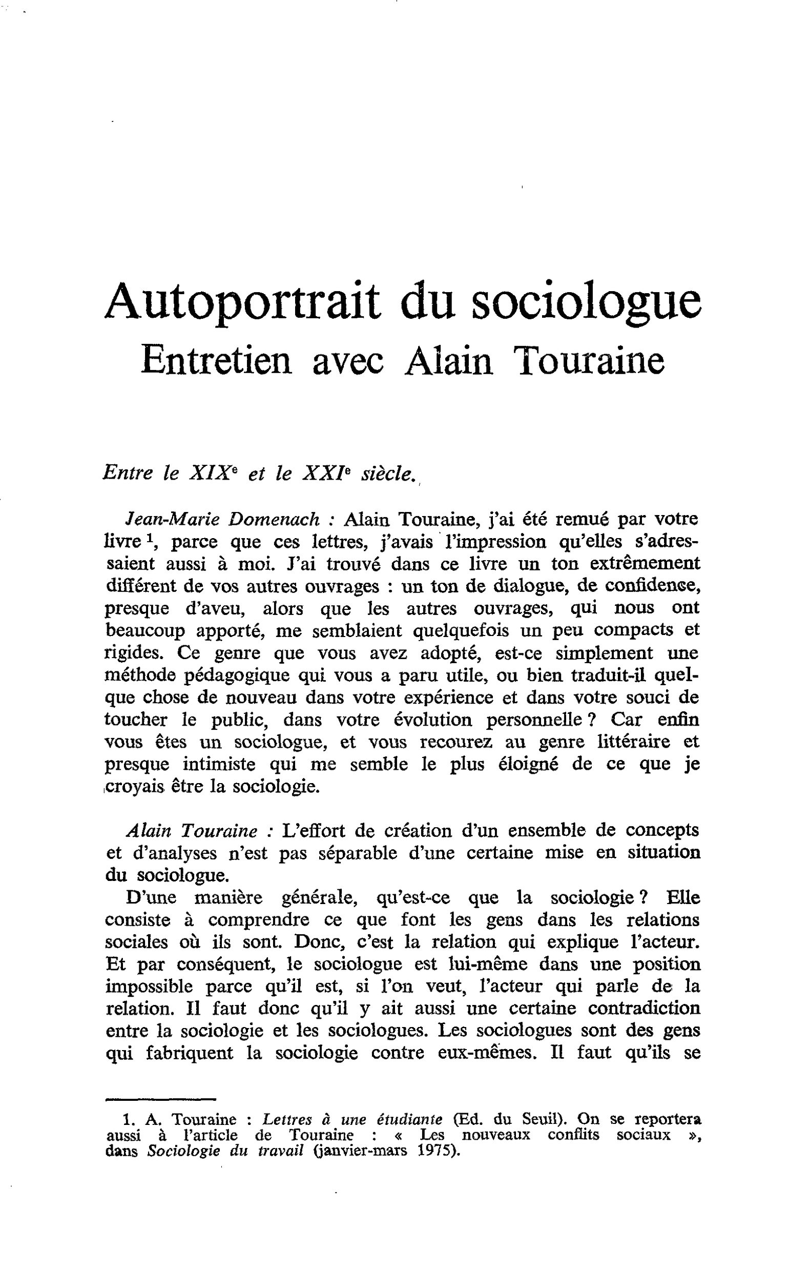 Autoportrait du sociologue. Entretien avec Alain Touraine