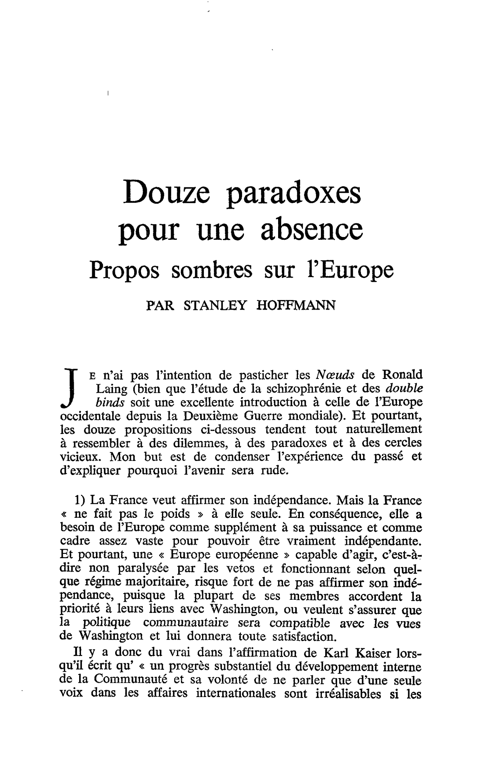 Douze paradoxes pour une absence. Propos sombres sur l’Europe