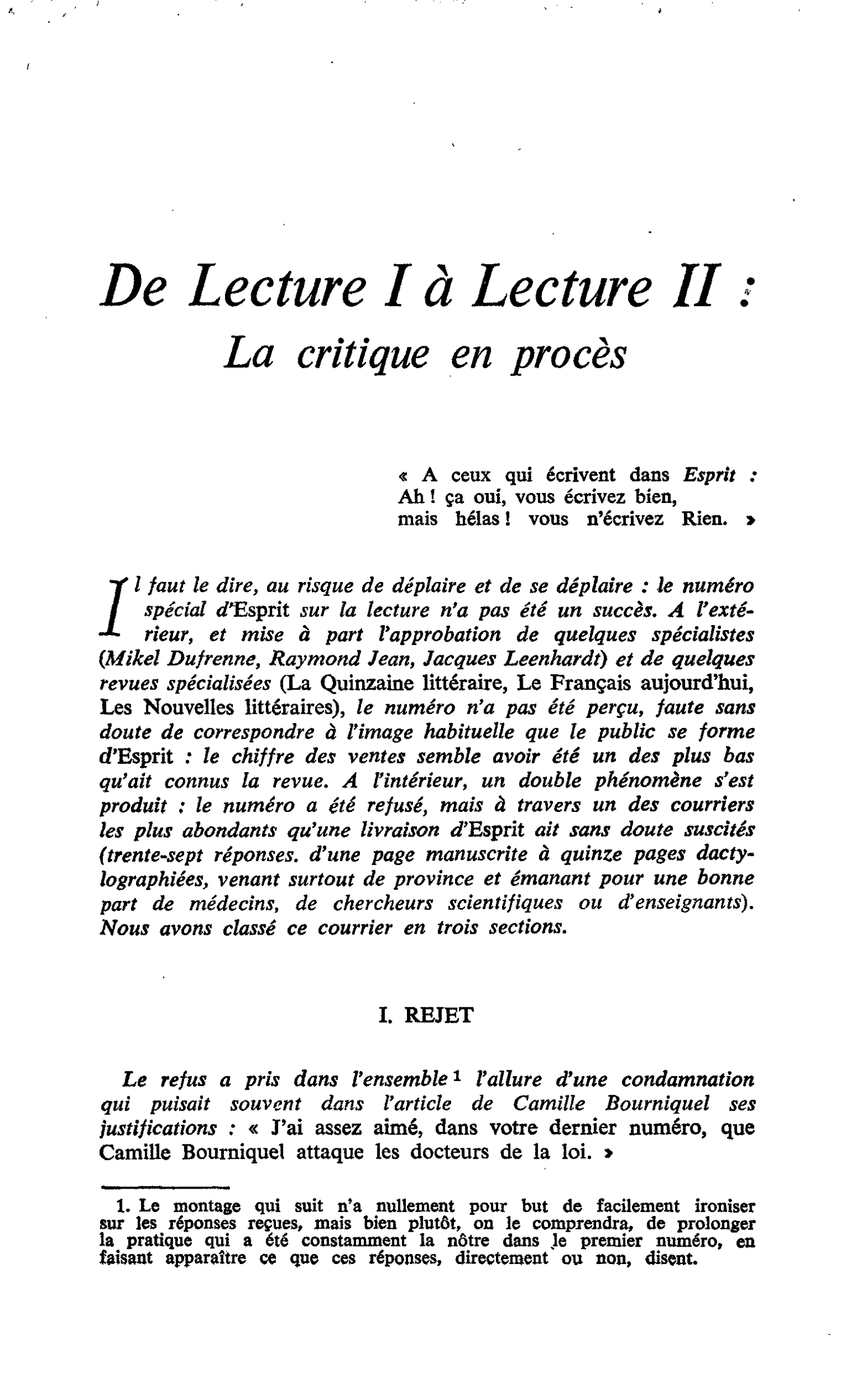 De Lecture I à Lecture II : La critique en procès