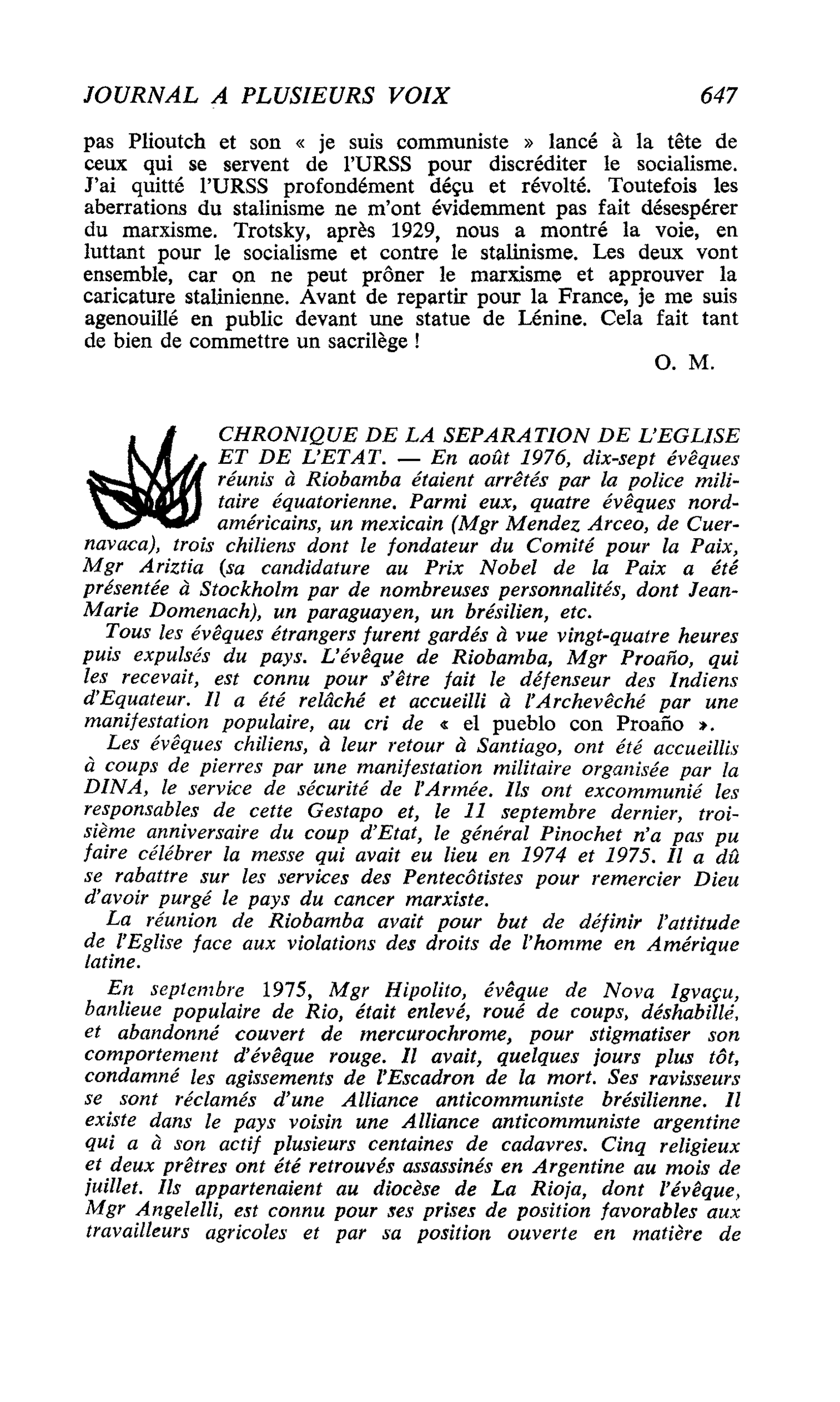 CHRONIQUE DE LA SEPARATION DE L’EGLISE ET DE L’ETAT