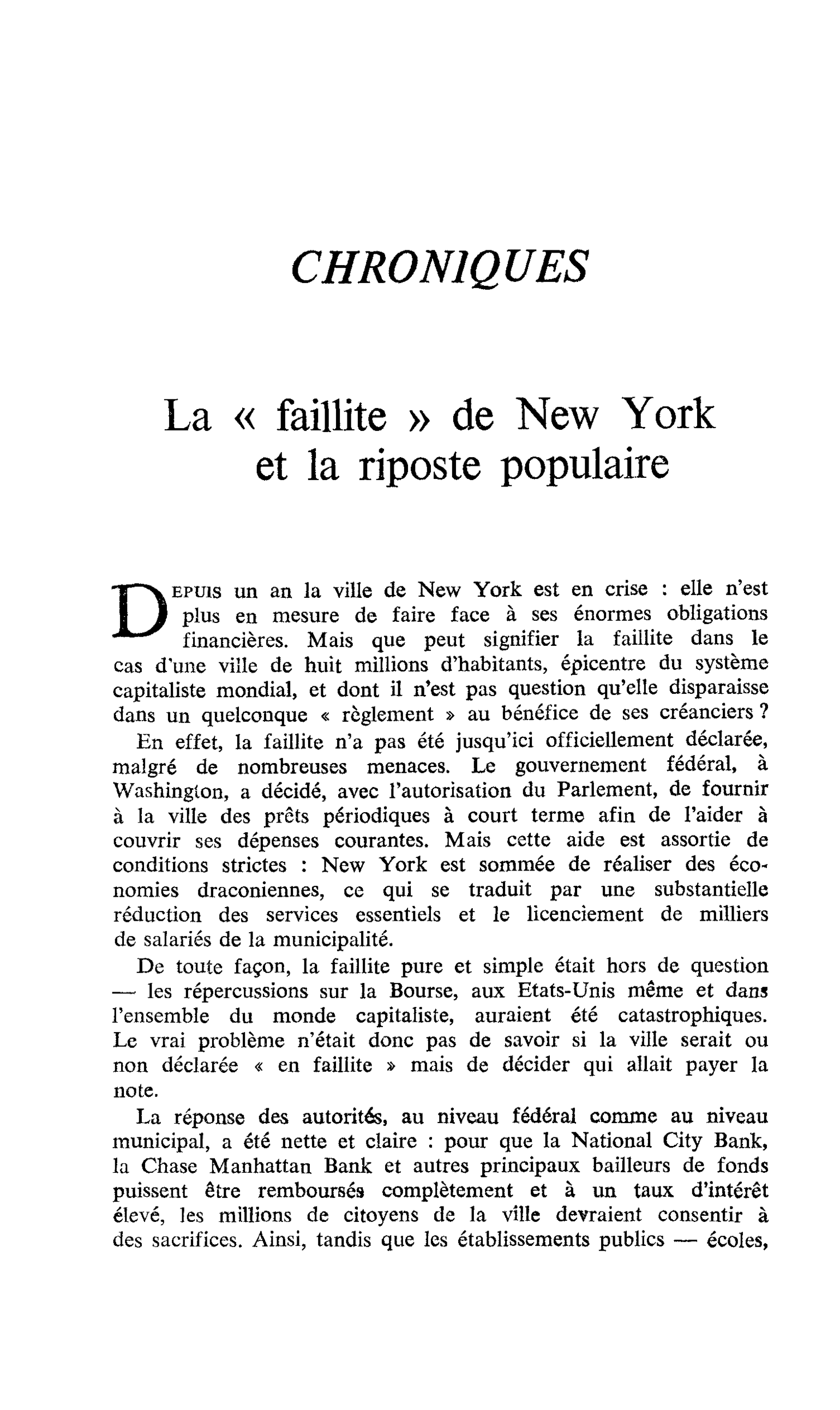 La « faillite » de New York et la riposte populaire