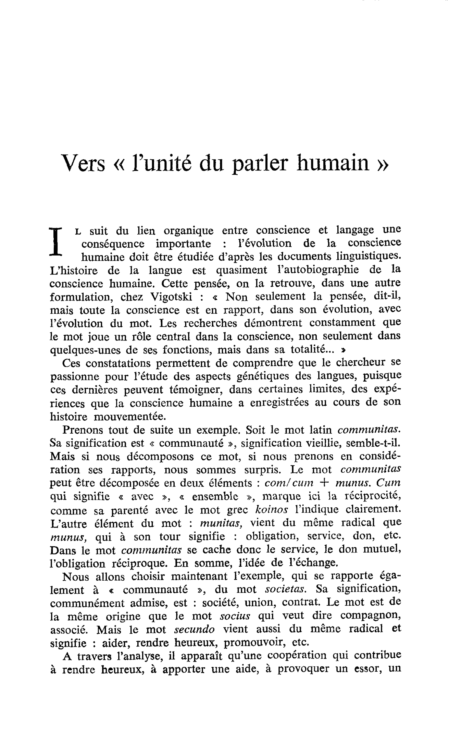 Vers « l’unité du parler humain »