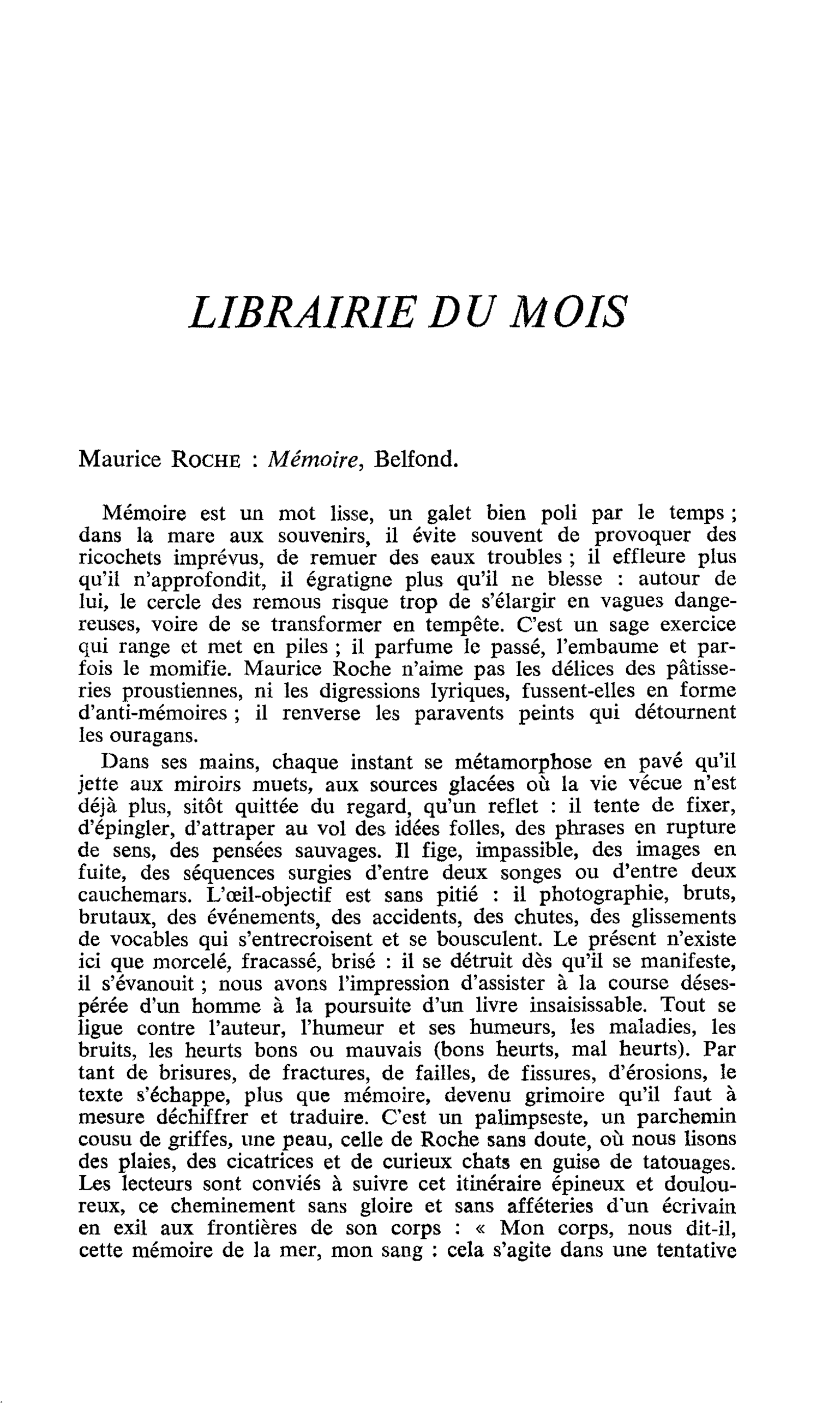 Maurice Roche : Mémoire