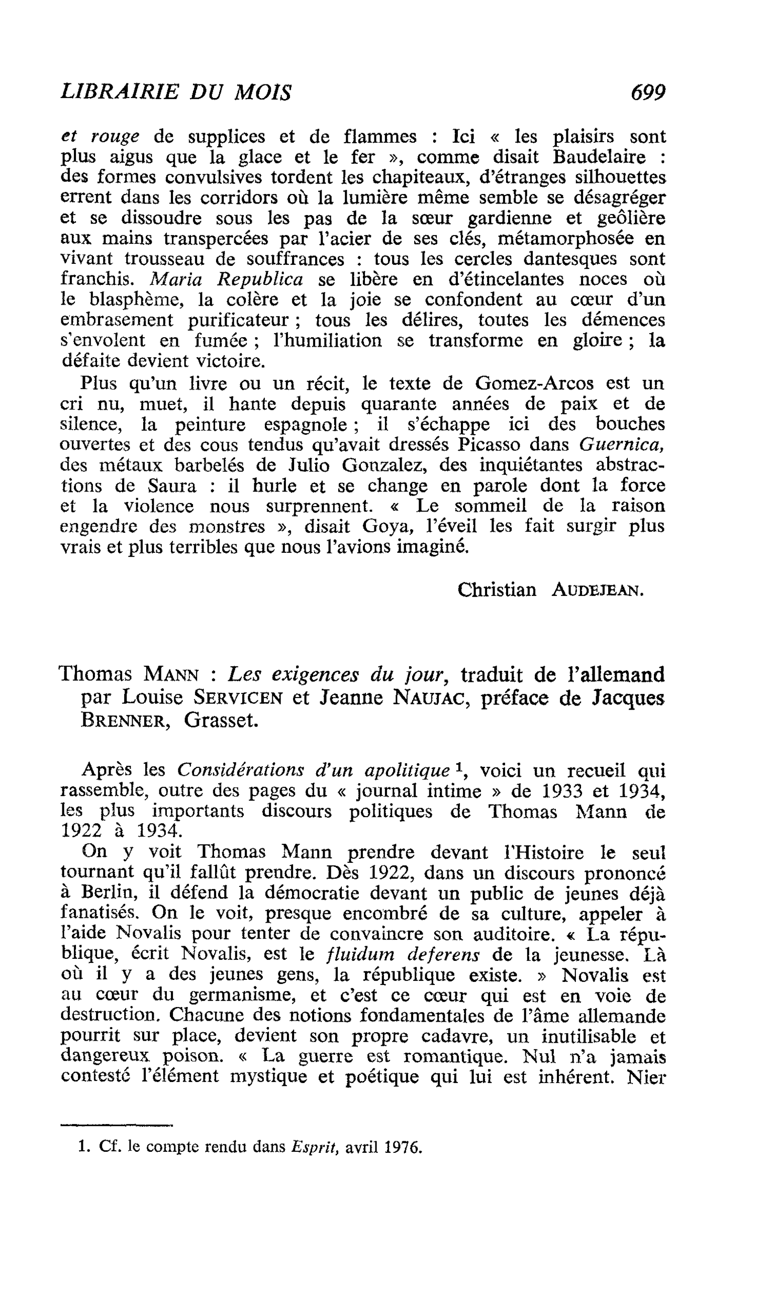 Thomas Mann : Les exigences du jour