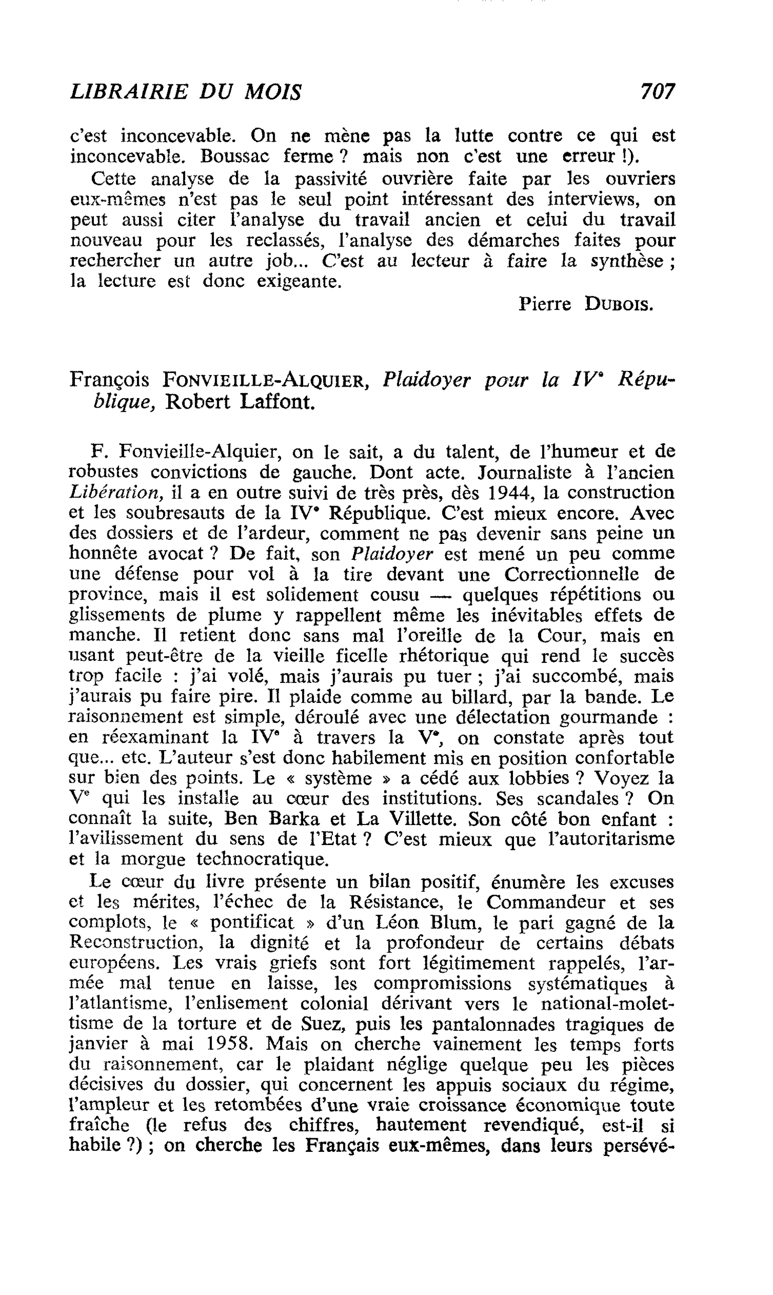François Fonvieille-Alquier, Plaidoyer pour la IV République