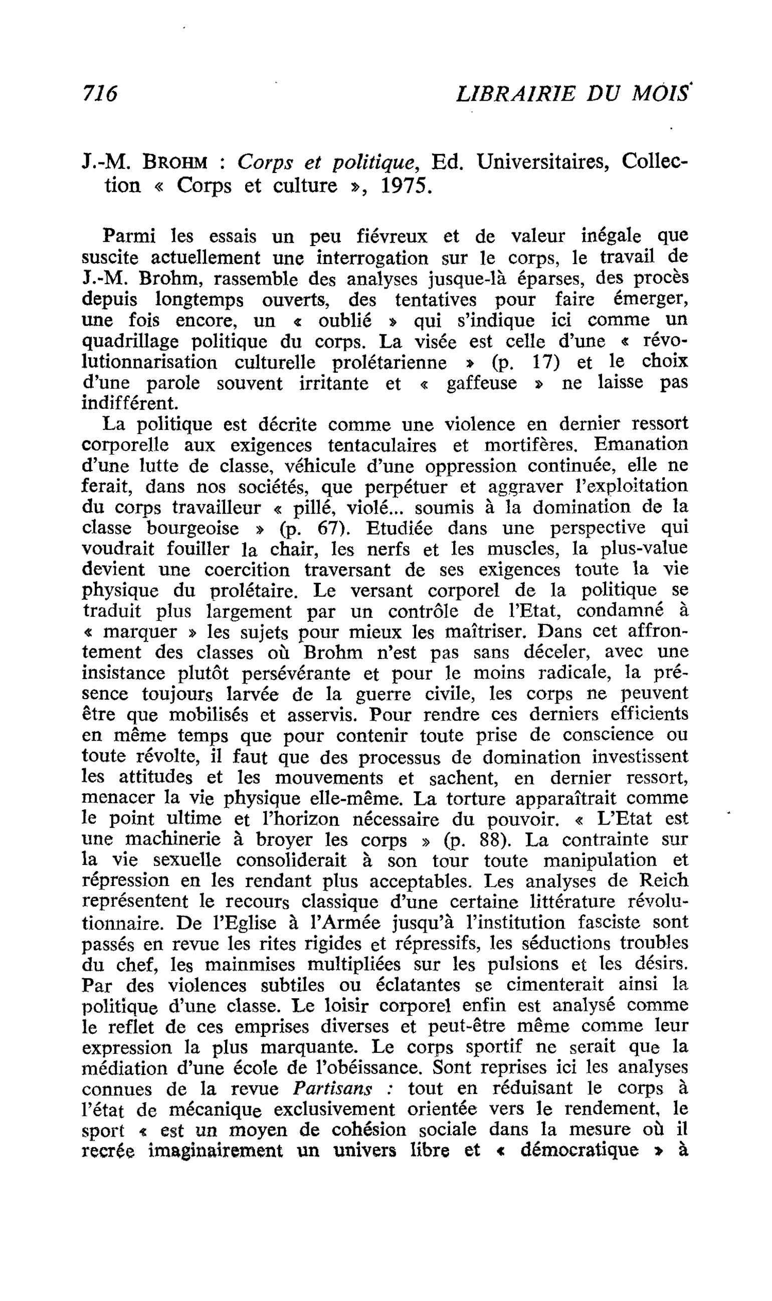 J.-M. Brohm : Corps et politique