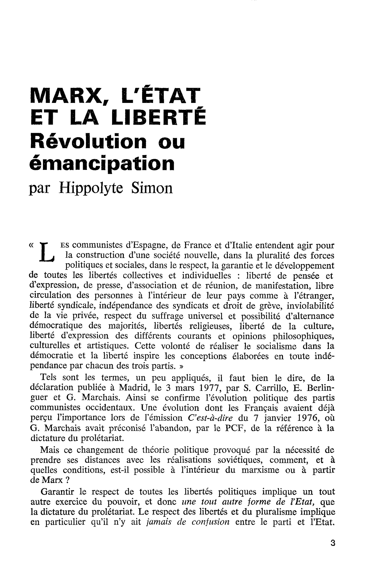MARX, L’ÉTAT ET LA LIBERTÉ. Révolution ou émancipation