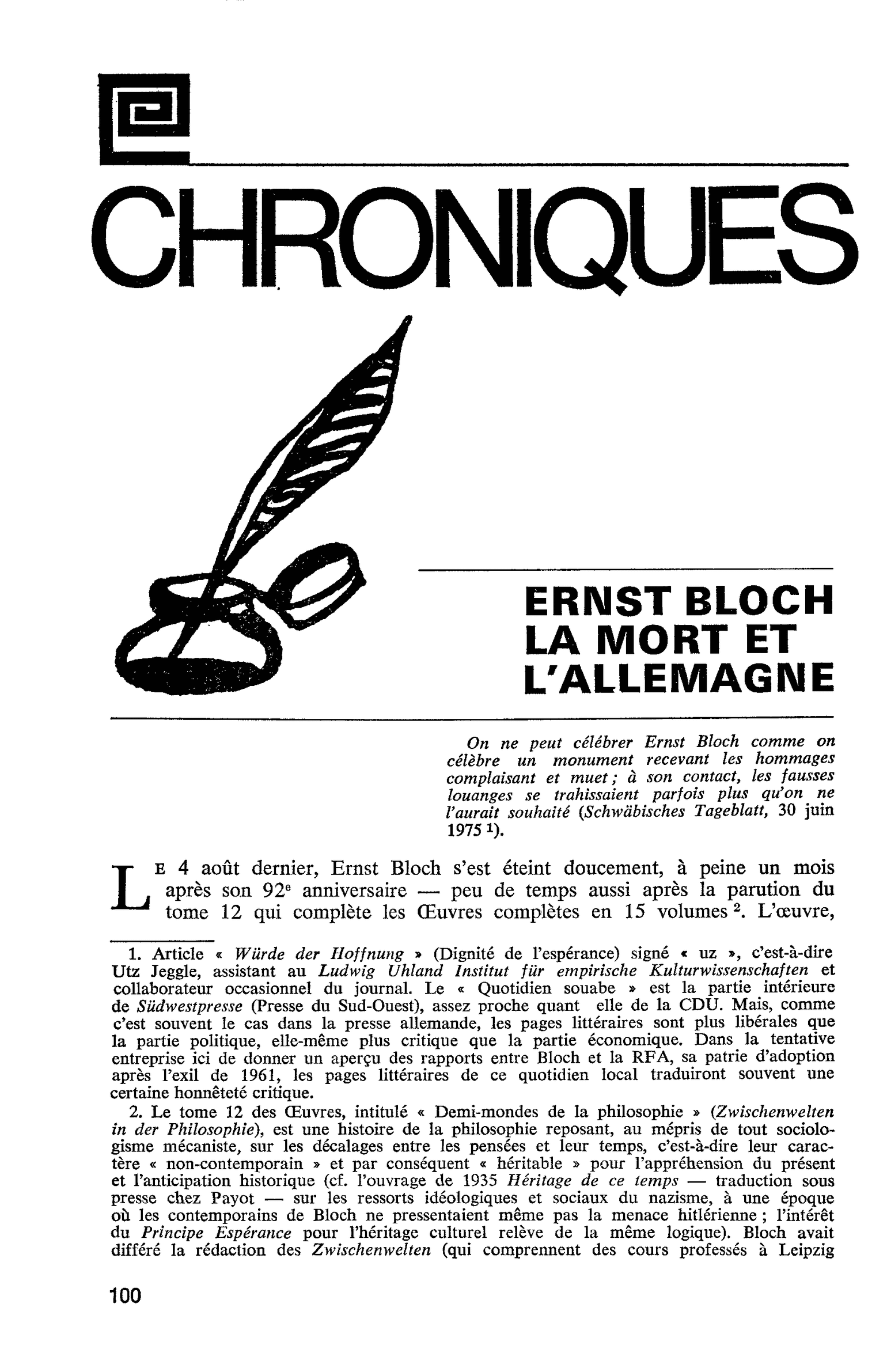 ERNST BLOCH LA MORT ET L’ALLEMAGNE