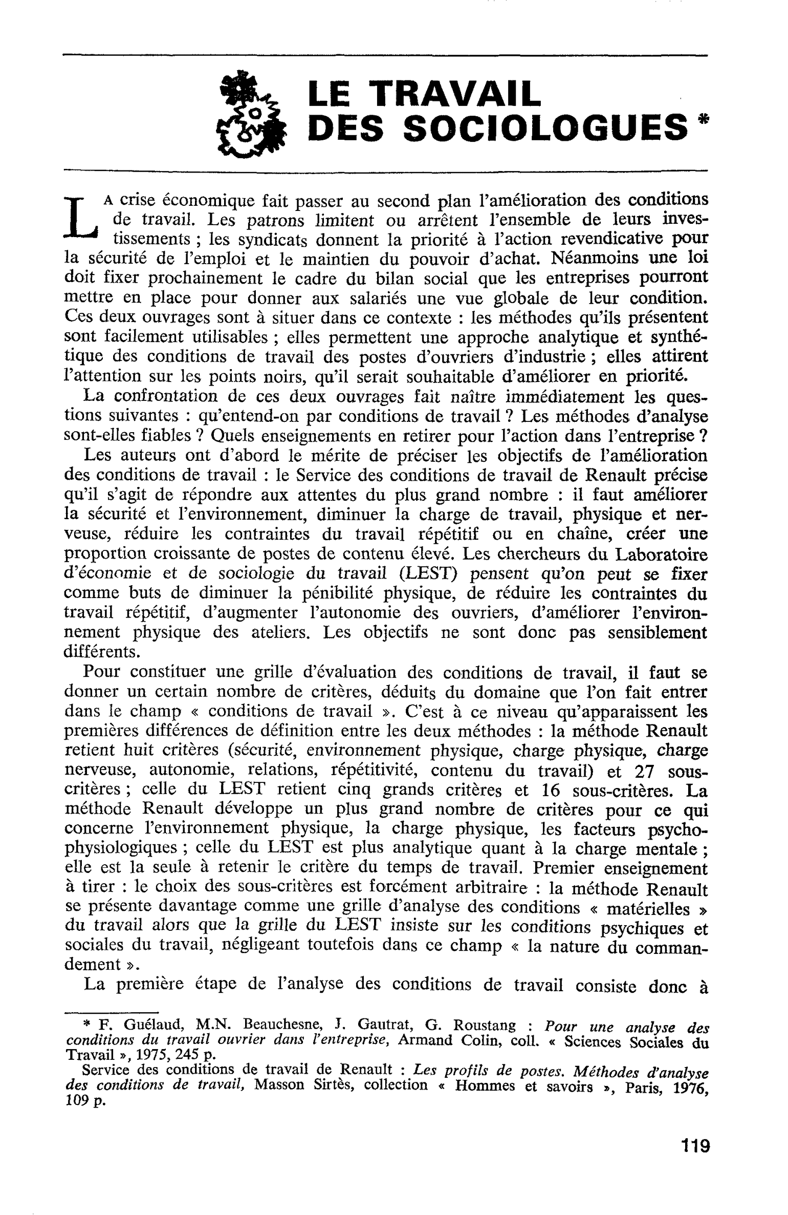 LE TRAVAIL DES SOCIOLOGUES