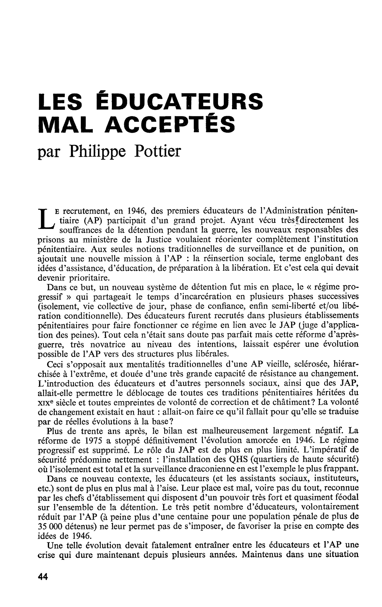 LES ÉDUCATEURS MAL ACCEPTÉS