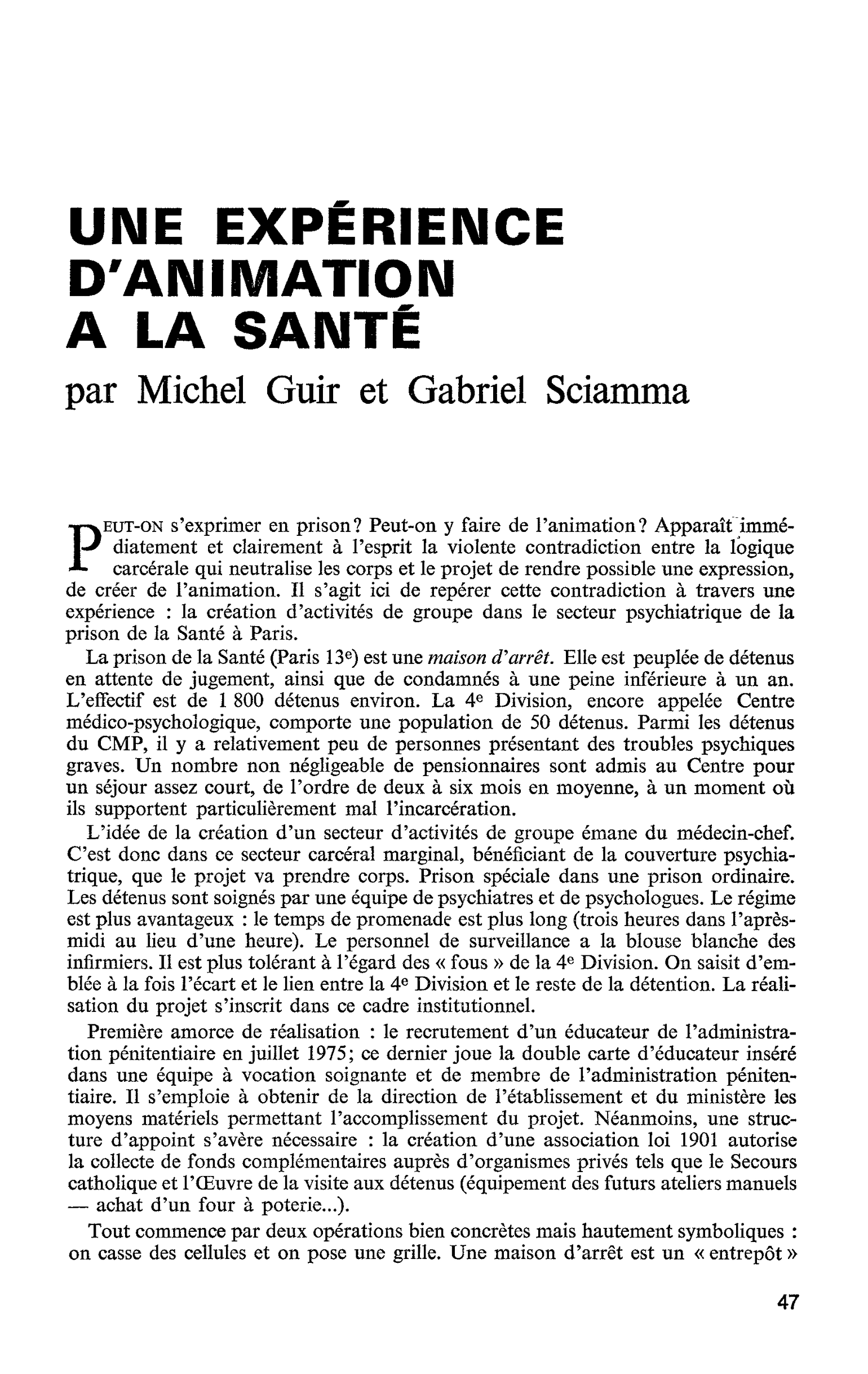 UNE EXPÉRIENCE D’ANIMATION A LA SANTÉ