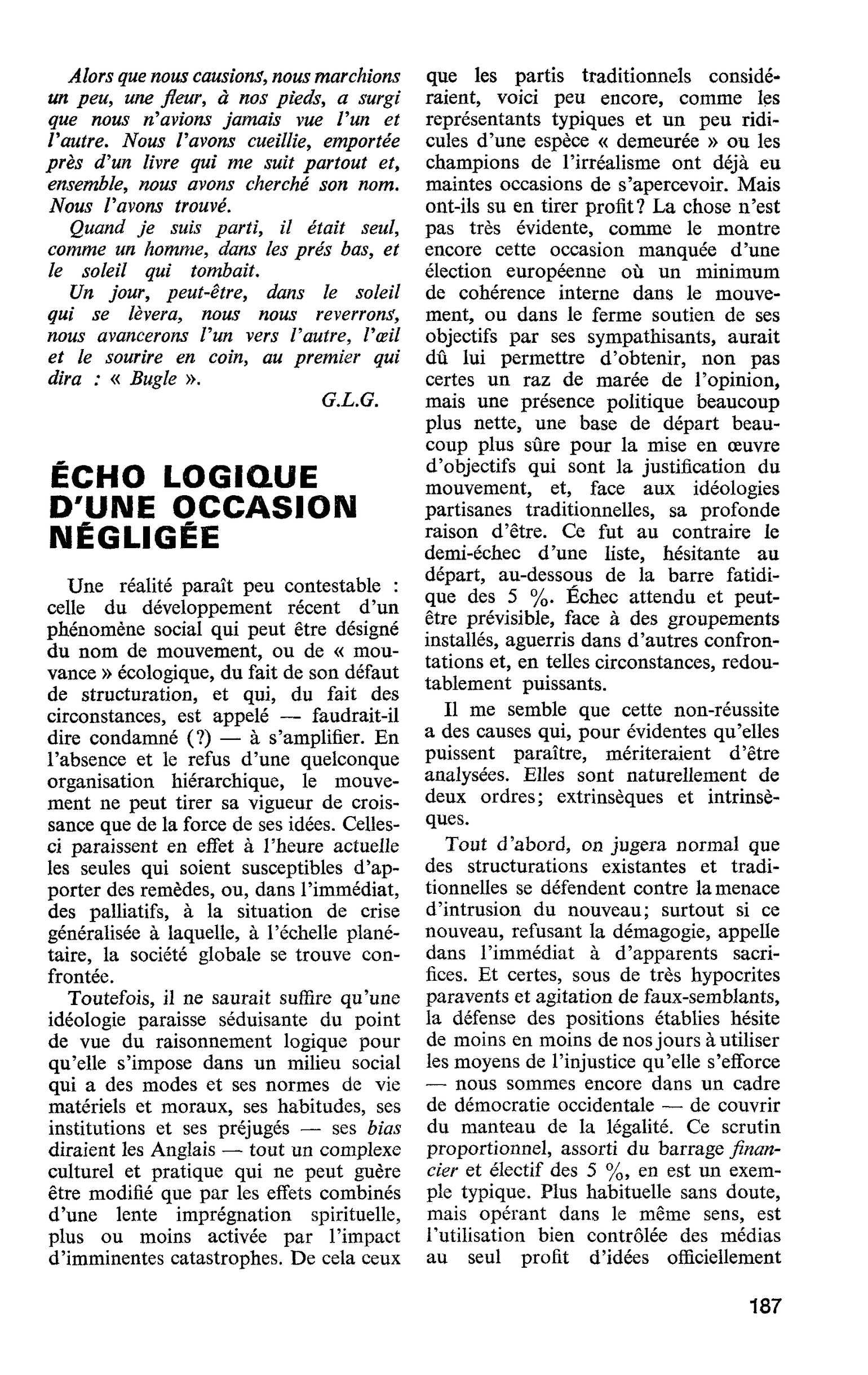 ÉCHO LOGIQUE D’UNE OCCASION NÉGLIGÉE
