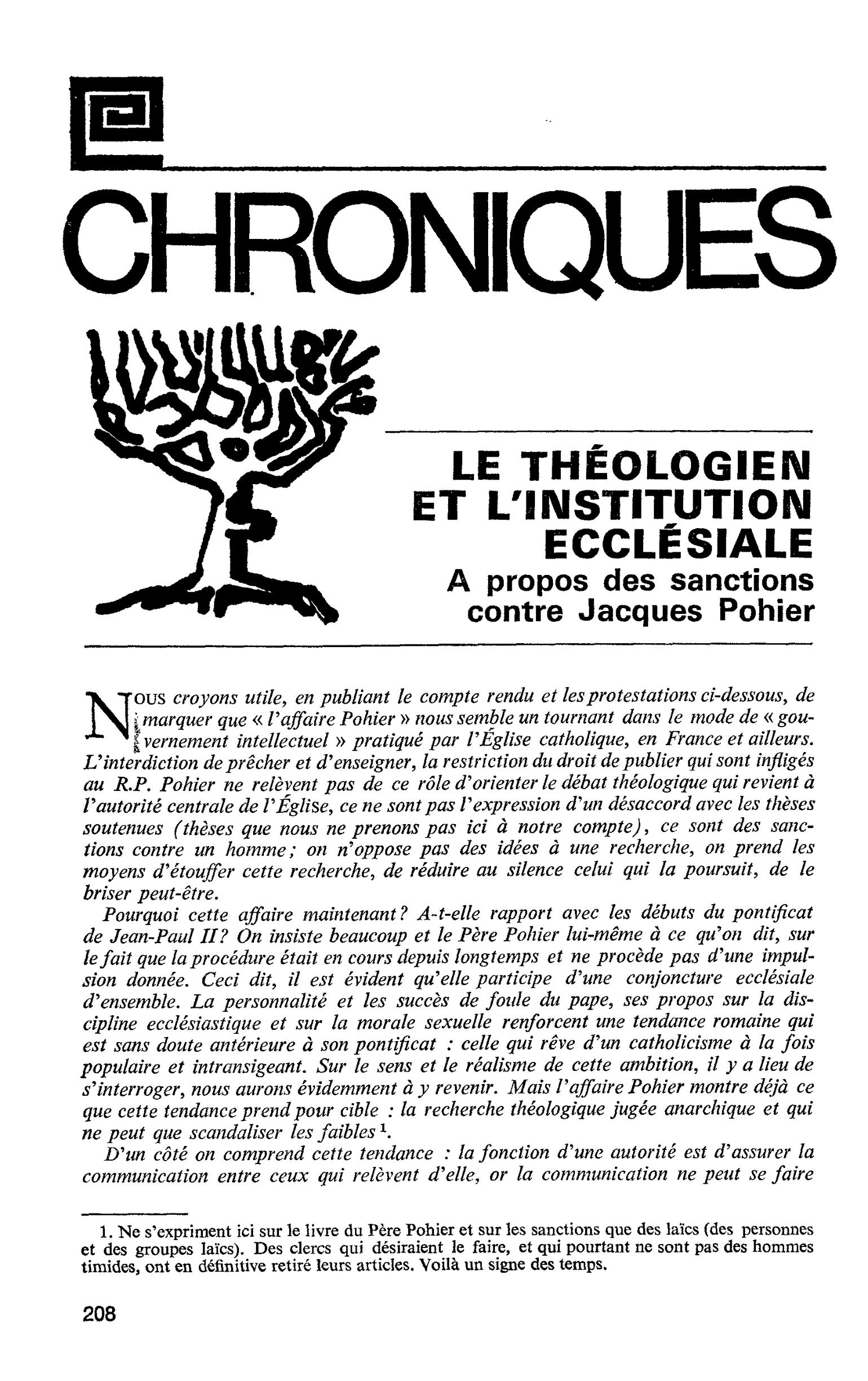 LE THÉOLOGIEN ET L’INSTITUTION ECCLÉSIALE. A propos des sanctions contre Jacques Pohier
