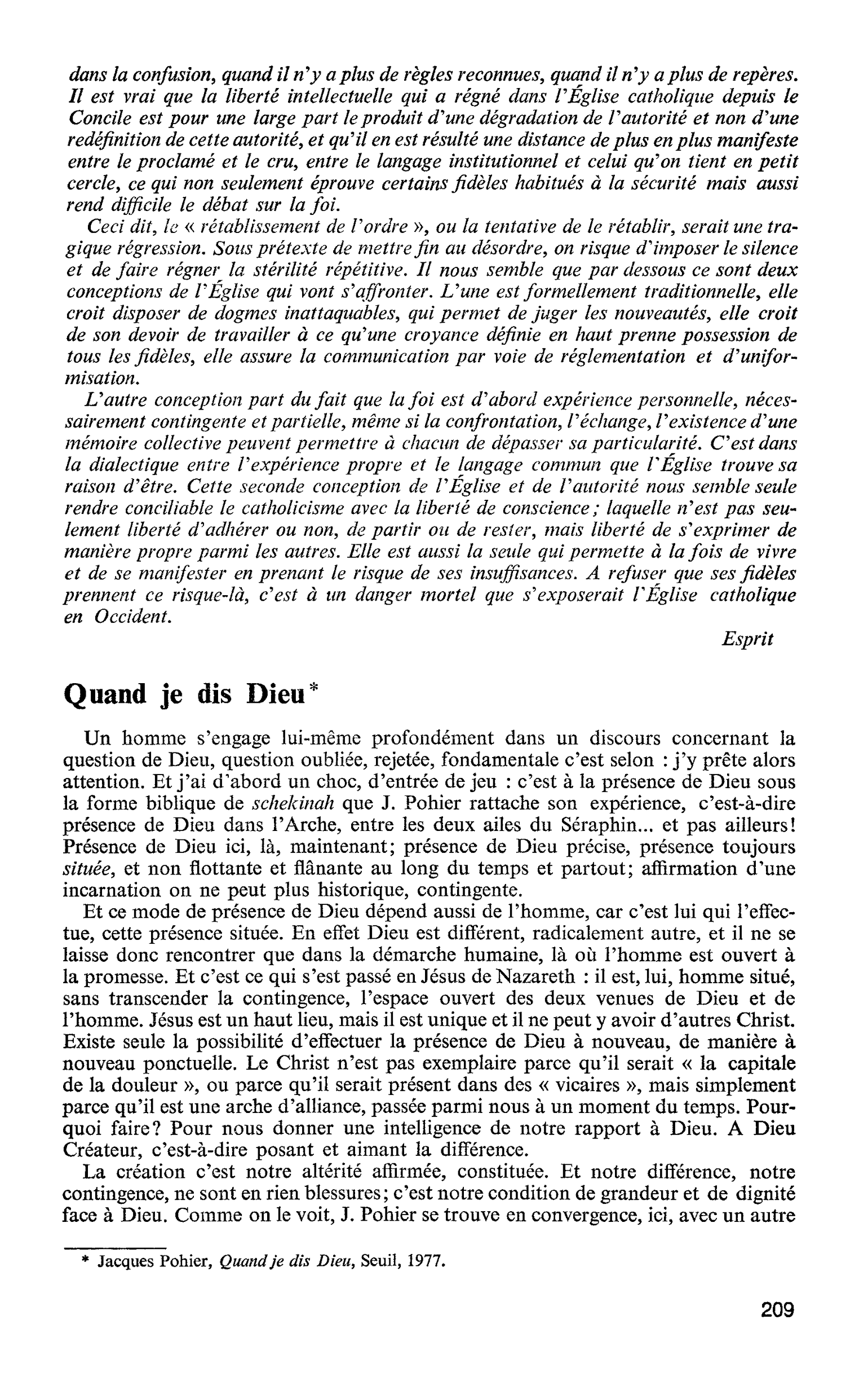 LE THÉOLOGIEN ET L’INSTITUTION ECCLÉSIALE. A propos des sanctions contre Jacques Pohier : Quand je dis Dieu
