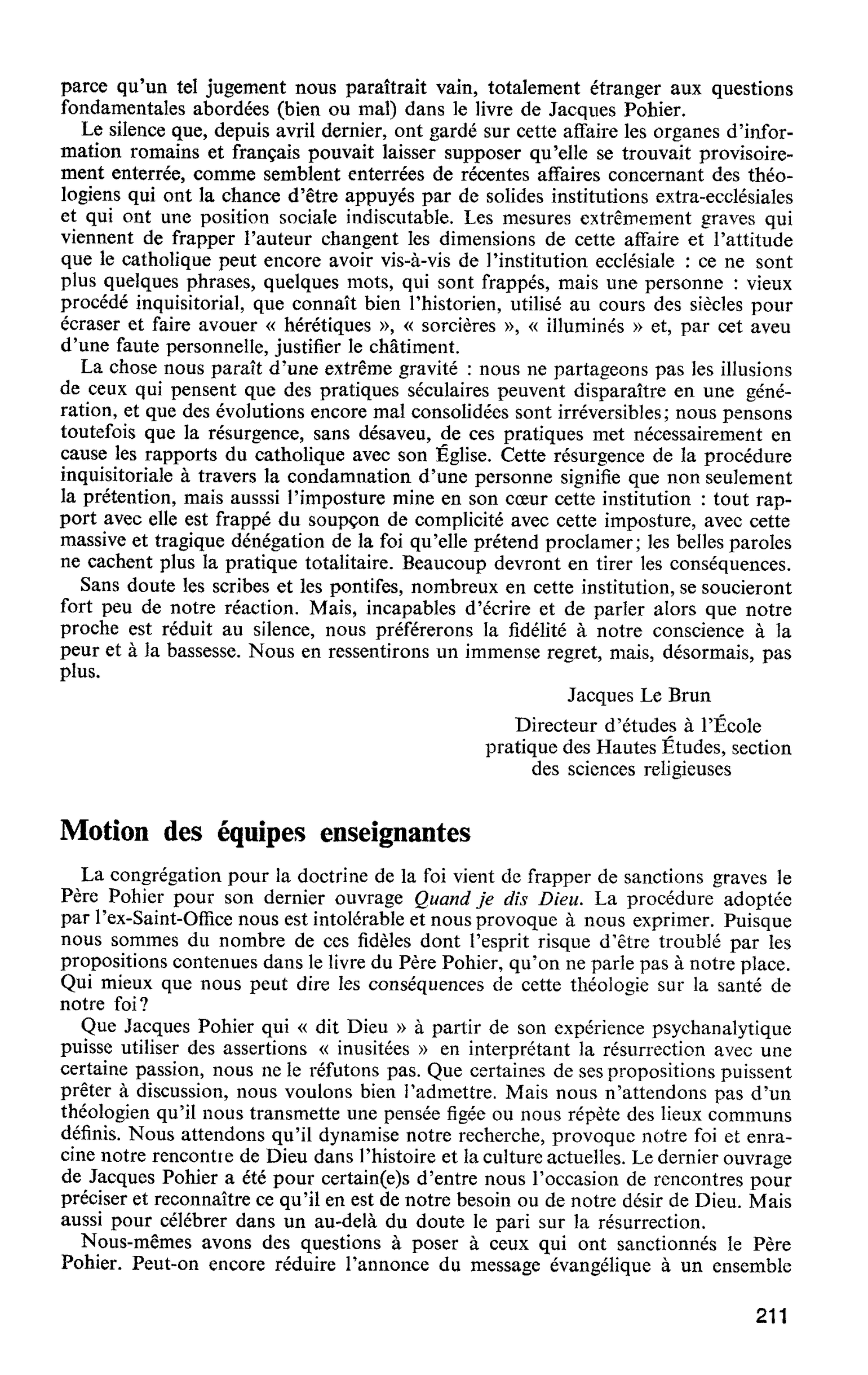 LE THÉOLOGIEN ET L’INSTITUTION ECCLÉSIALE. A propos des sanctions contre Jacques Pohier : Motion des équipes enseignantes
