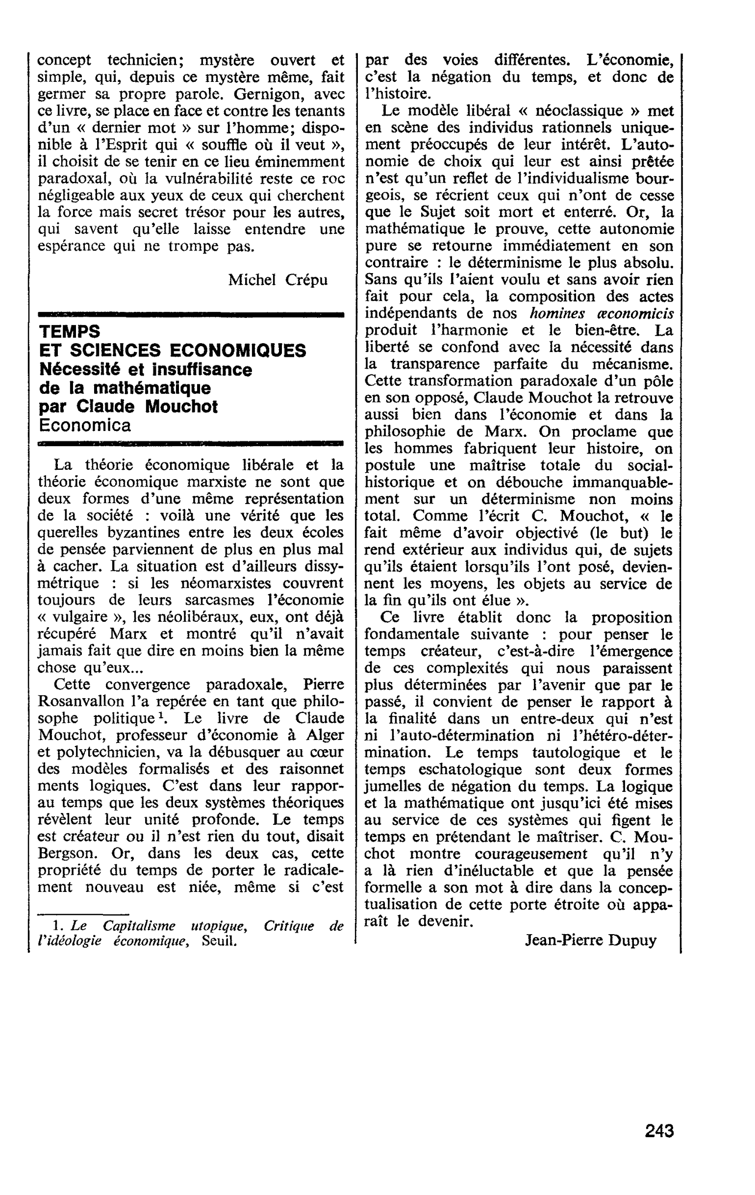 TEMPS ET SCIENCES ECONOMIQUES. Nécessité et insuffisance de la mathématique par Claude Mouchot