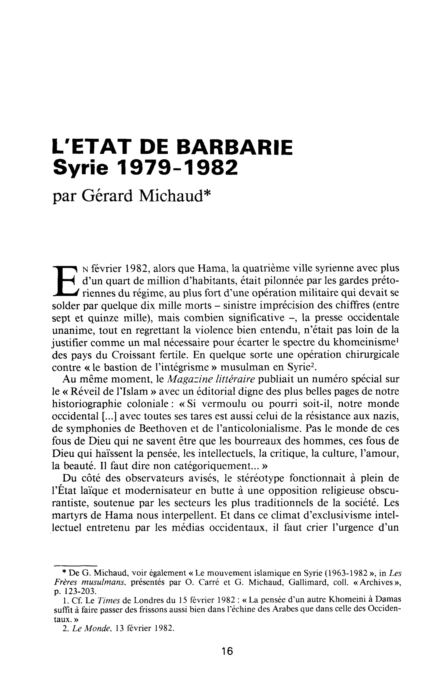 L’État de barbarie. Syrie 1979-1982
