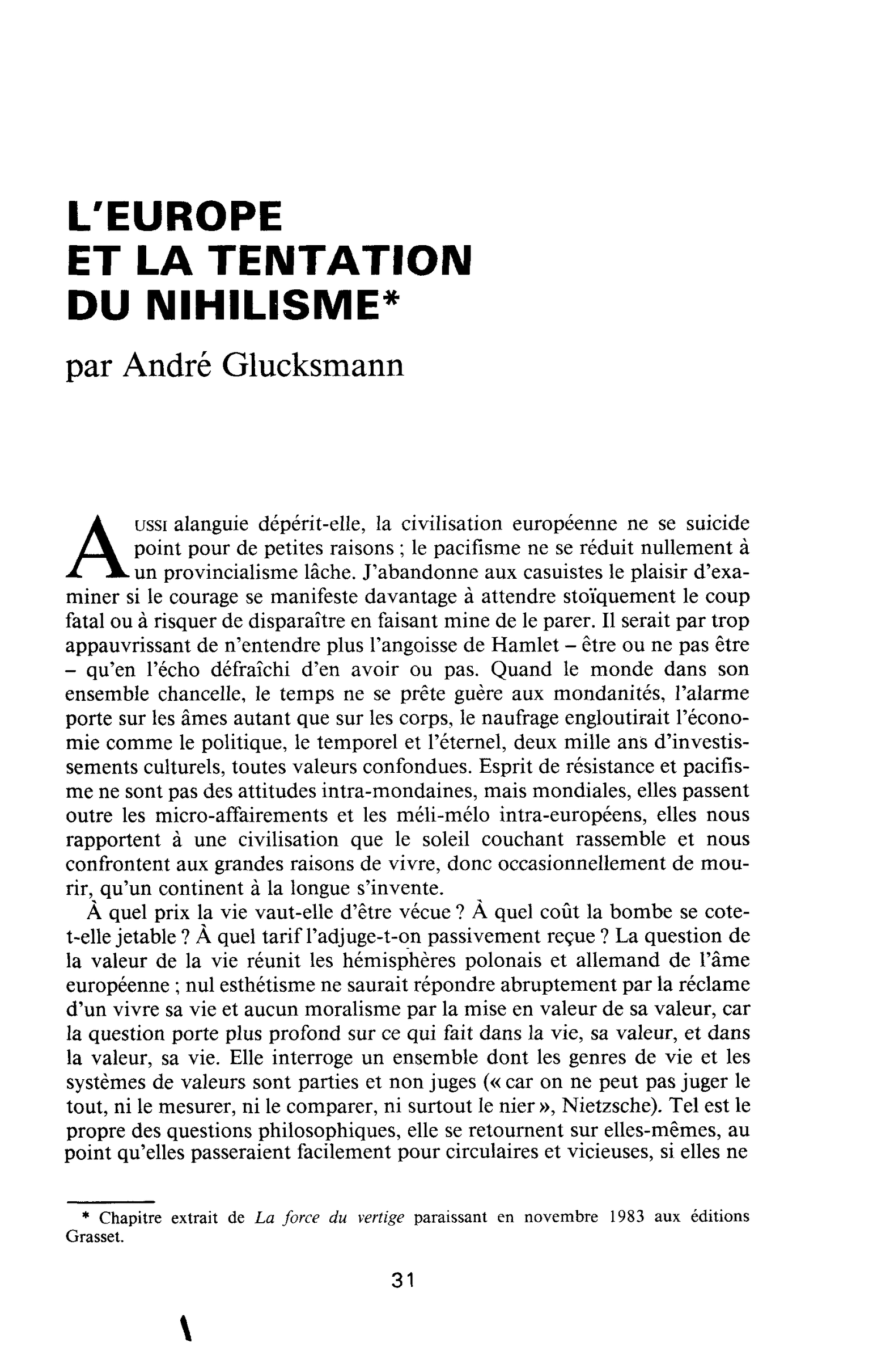 L’EUROPE ET LA TENTATION DU NIHILISME