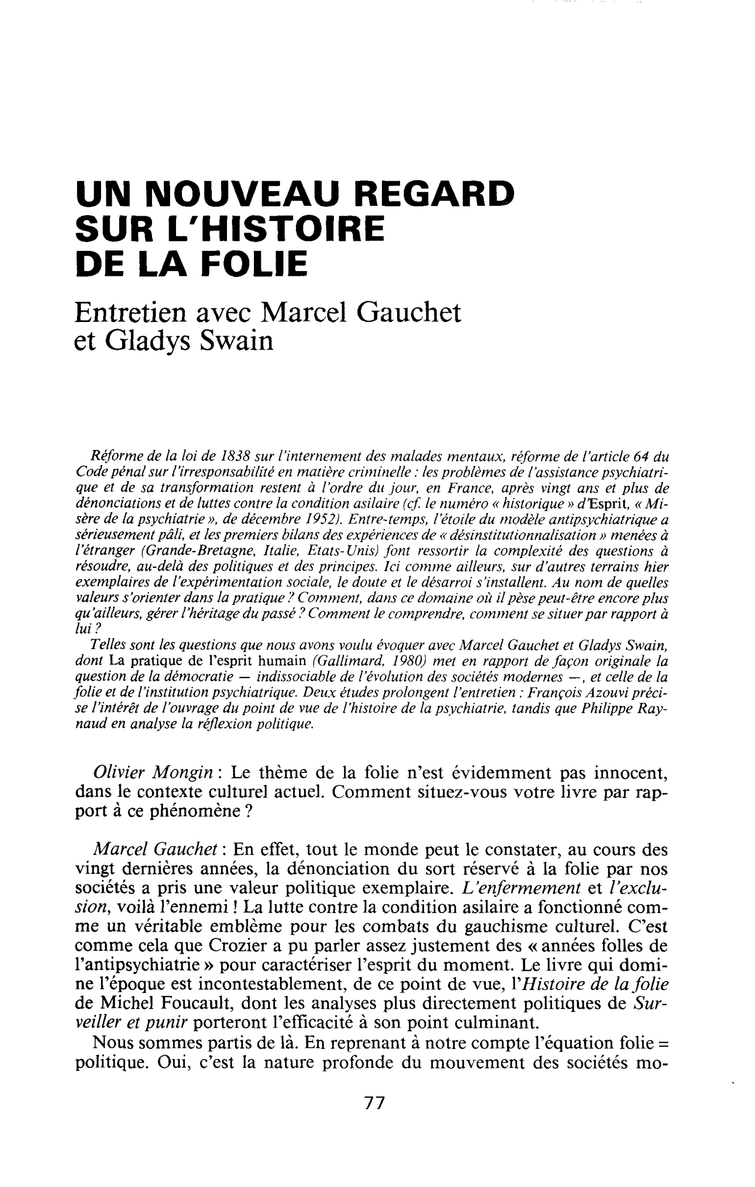 UN NOUVEAU REGARD SUR L’HISTOIRE DE LA FOLIE