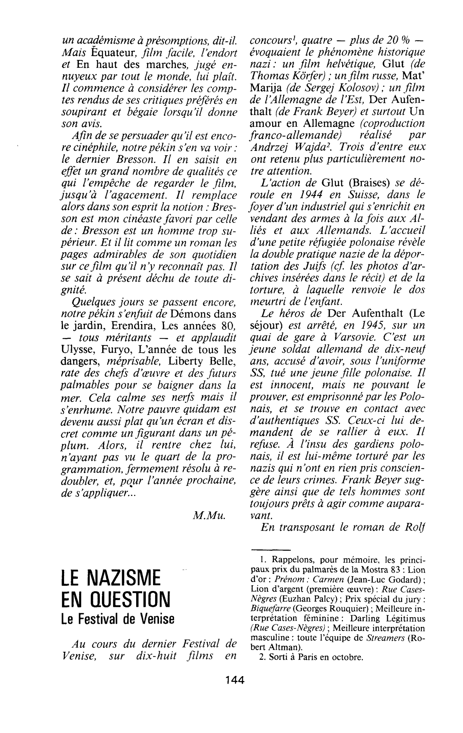 LE NAZISME EN QUESTION. Le Festival de Venise