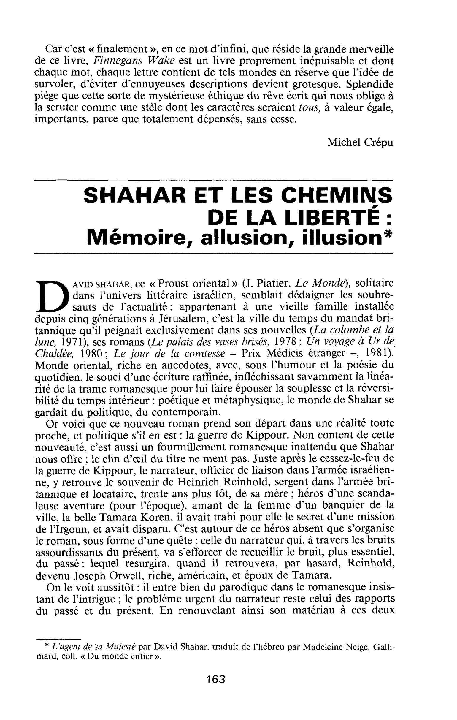 SHAHAR ET LES CHEMINS DE LA LIBERTÉ : Mémoire, allusion, illusion
