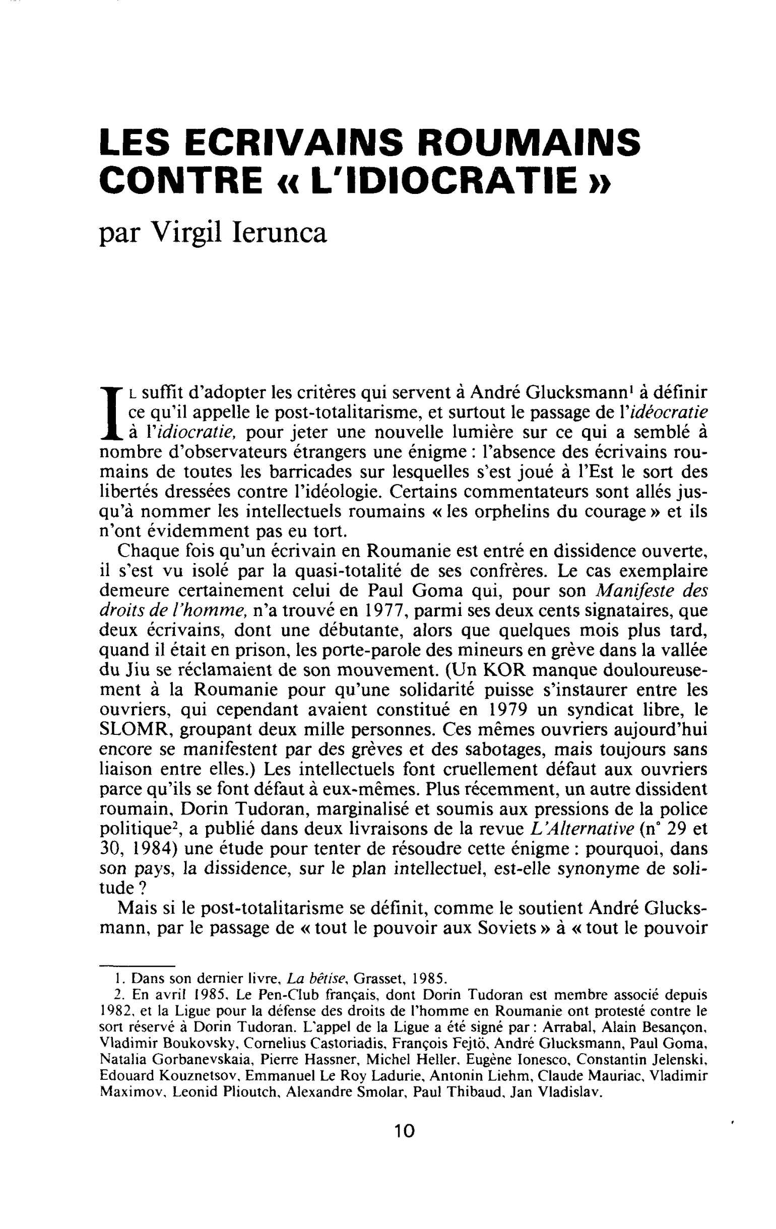 LES ECRIVAINS ROUMAINS CONTRE « L’IDIOCRATIE »