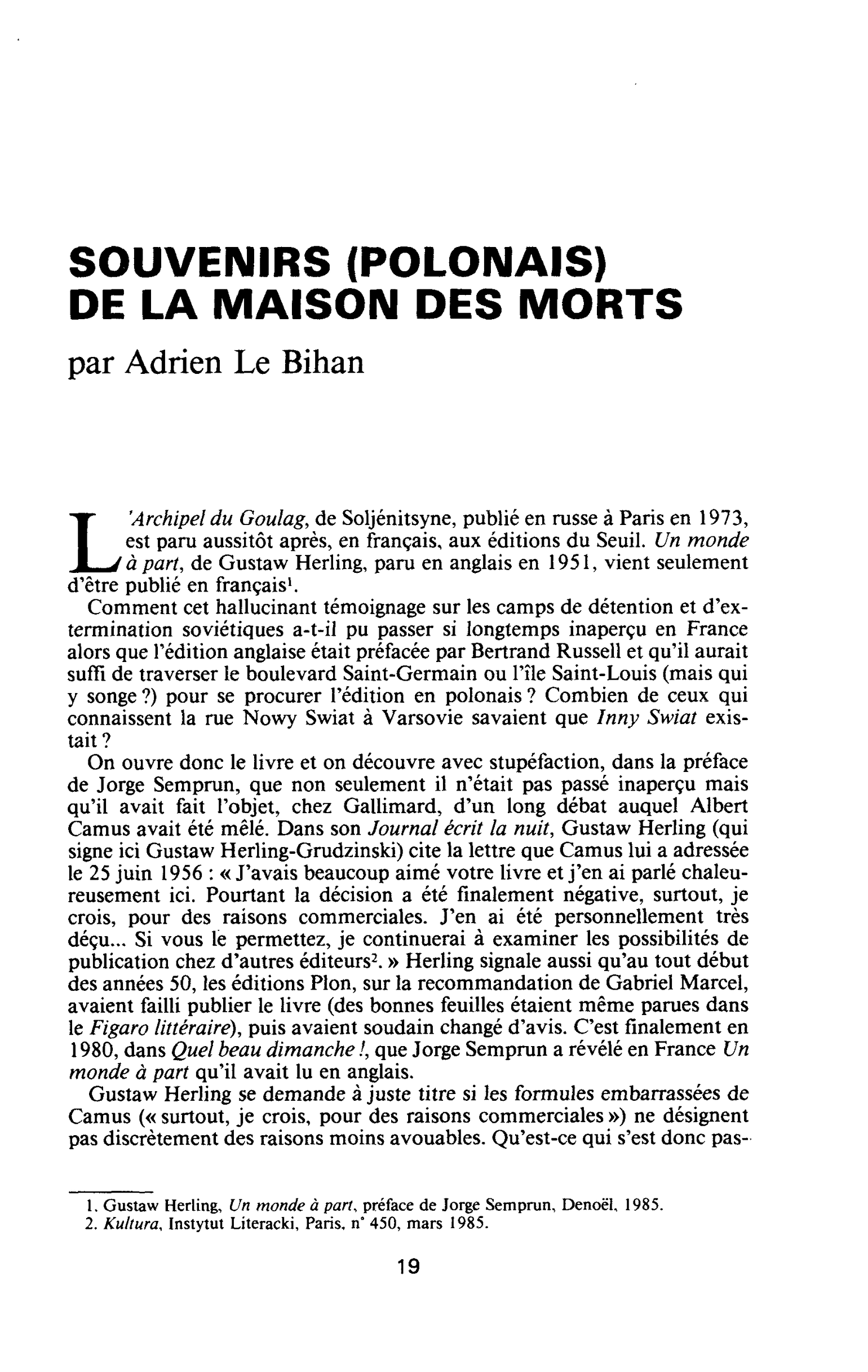 SOUVENIRS (POLONAIS) DE LA MAISON DES MORTS