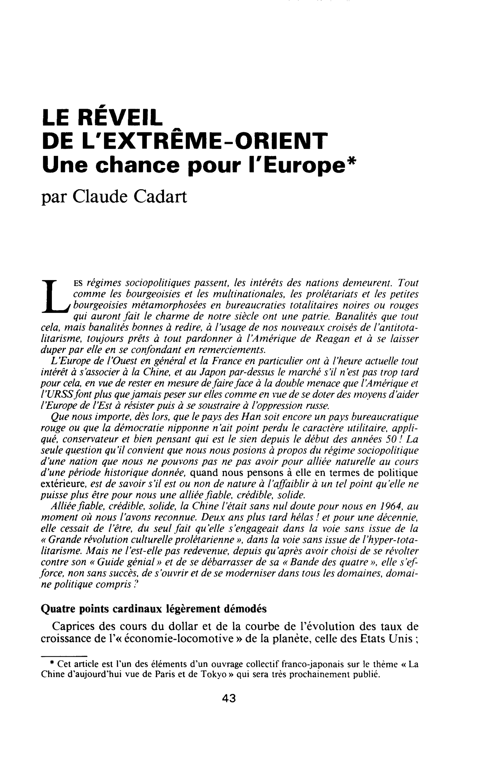 LE RÉVEIL DE L’EXTRÊME-ORIENT. Une chance pour l’Europe